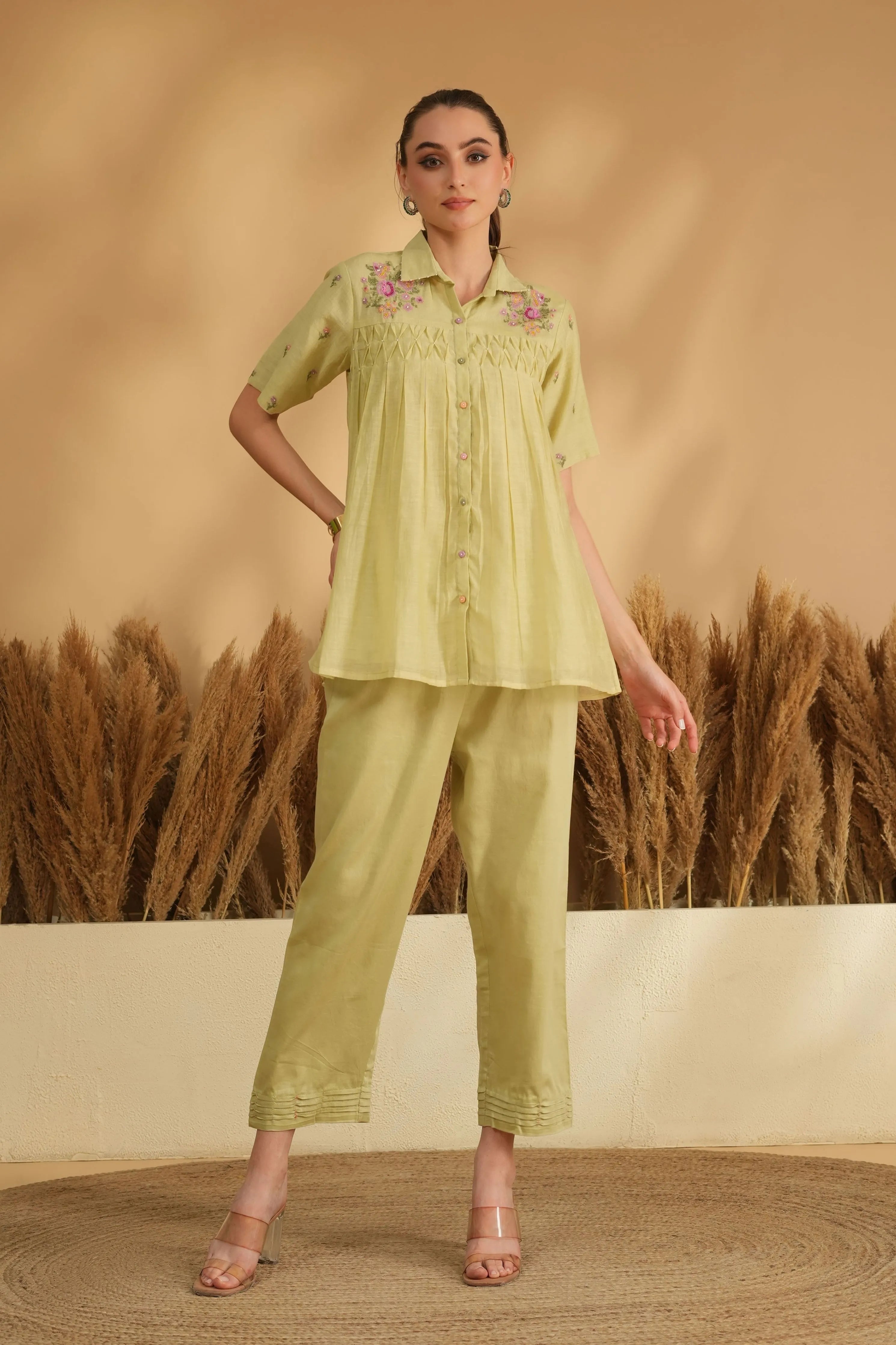 Green Smocking Cross Stitch Embroidery Co-Ord Set