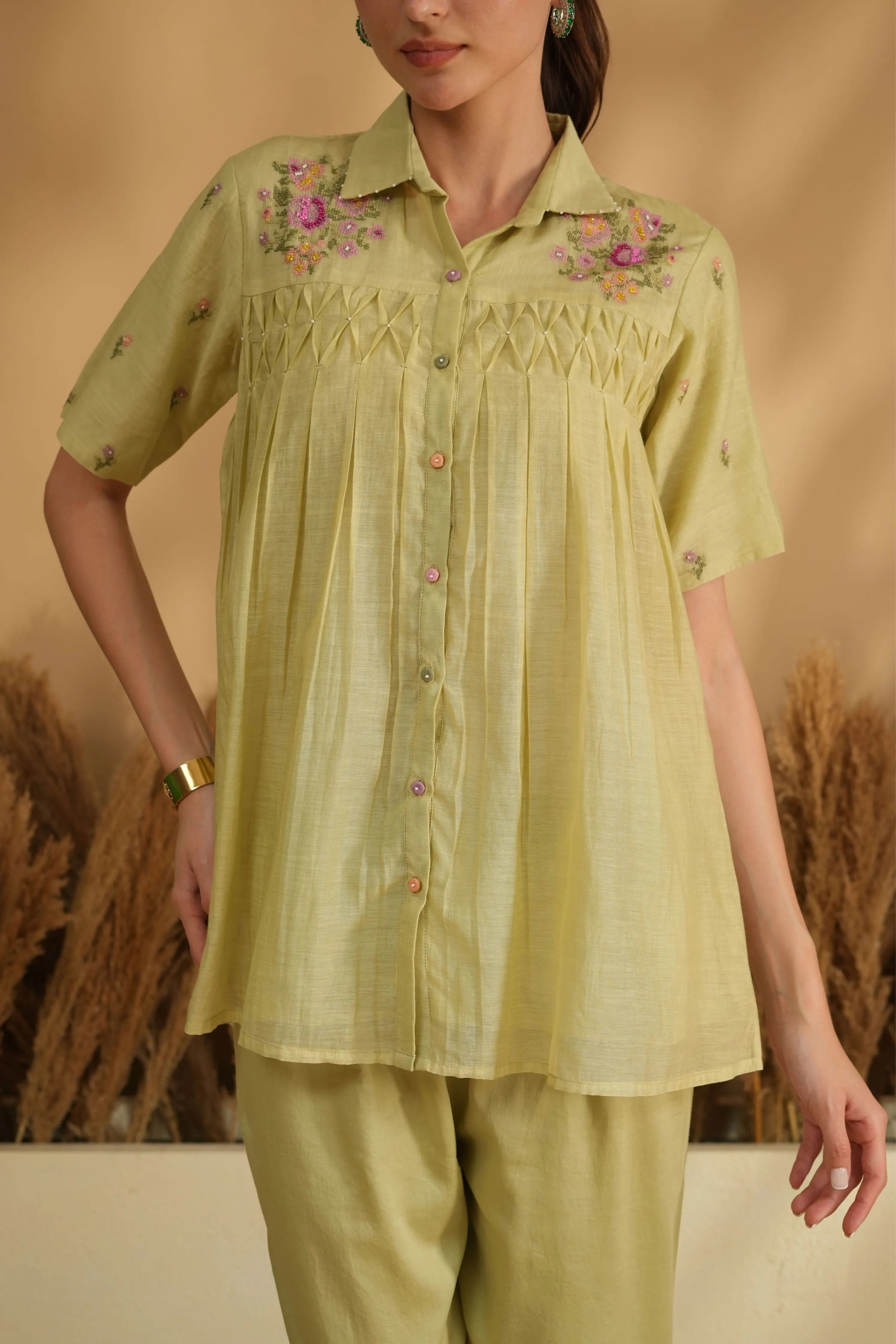 Green Smocking Cross Stitch Embroidery Co-Ord Set