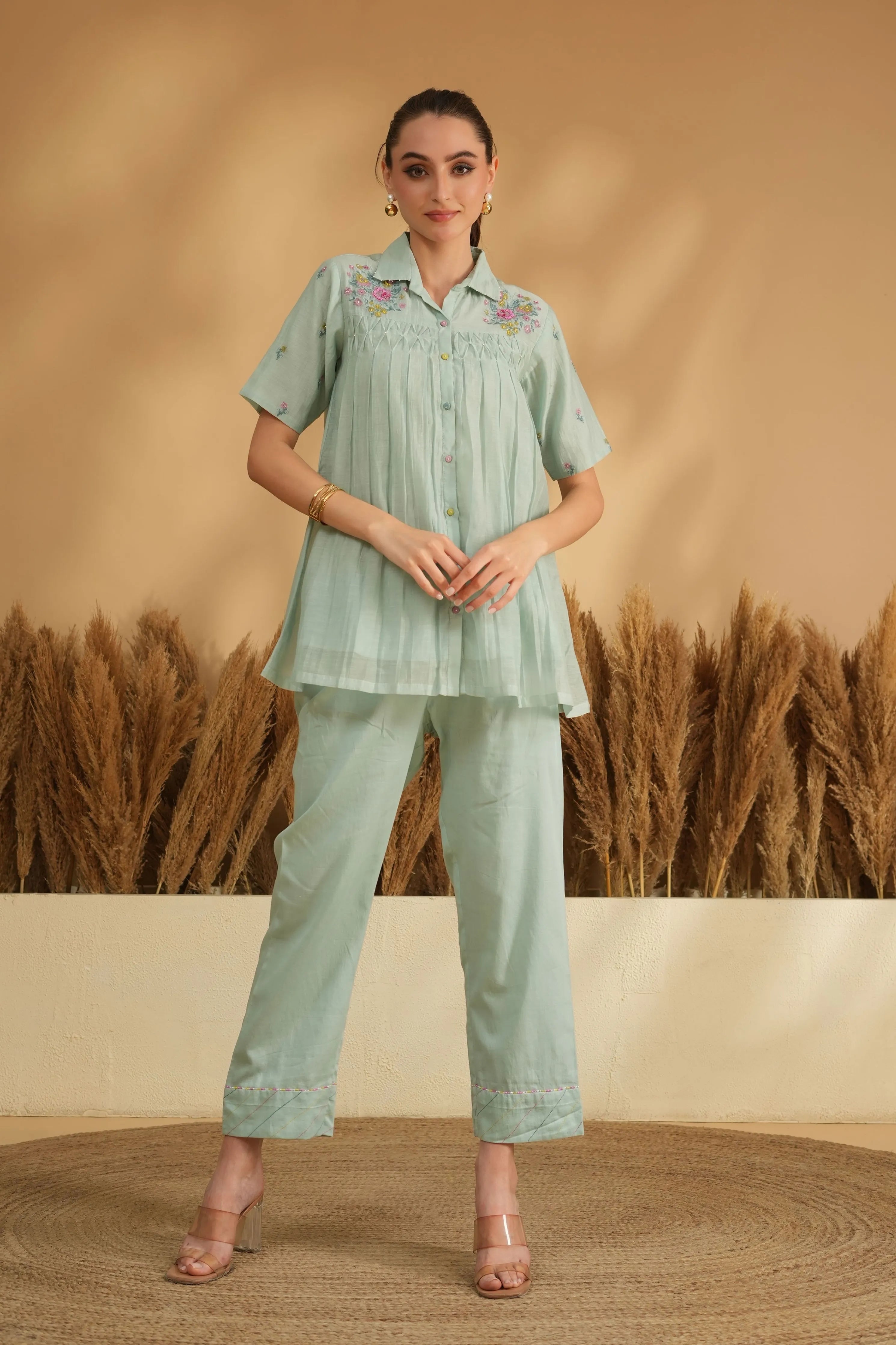 Blue Smocking Cross Stitch Embroidery Co-Ord Set