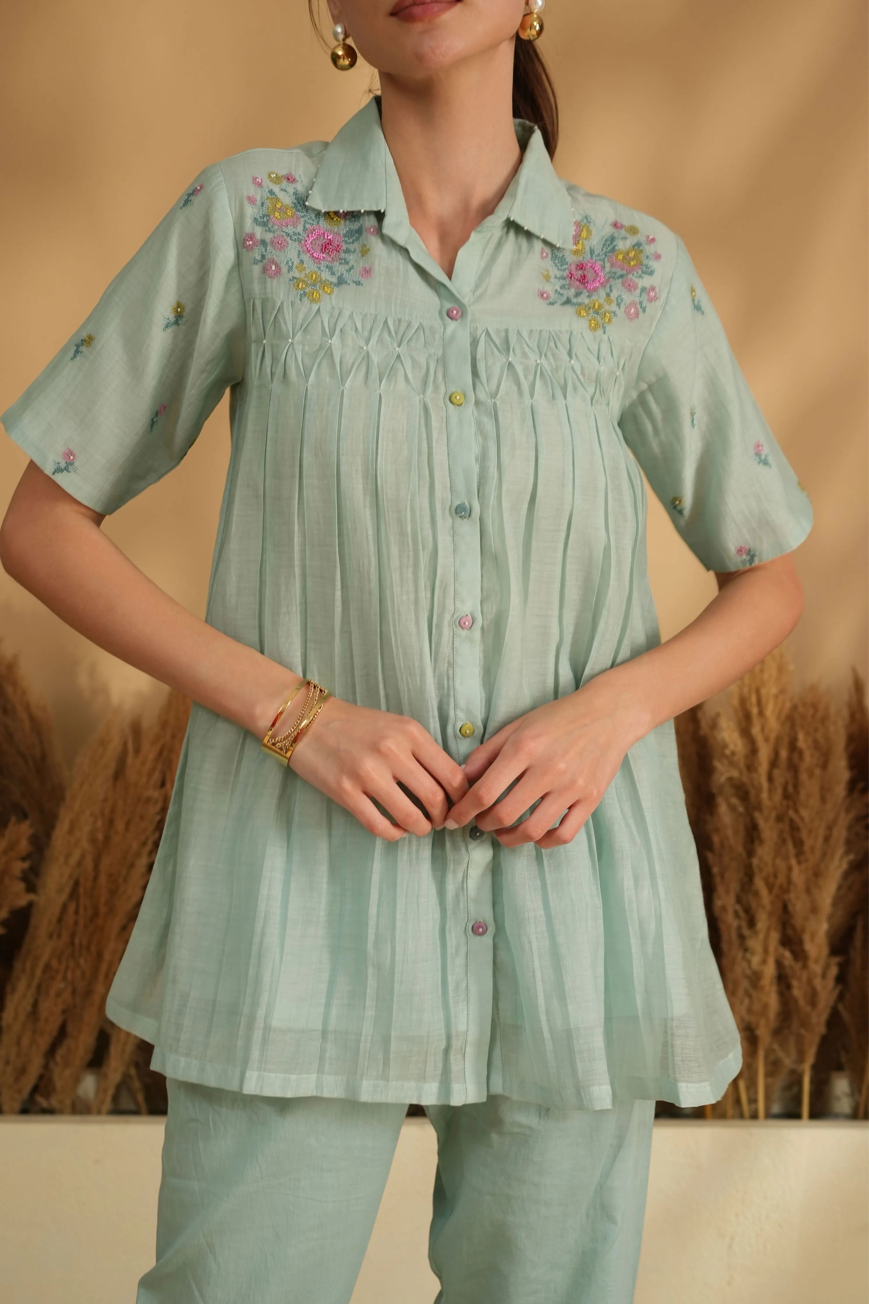 Blue Smocking Cross Stitch Embroidery Co-Ord Set
