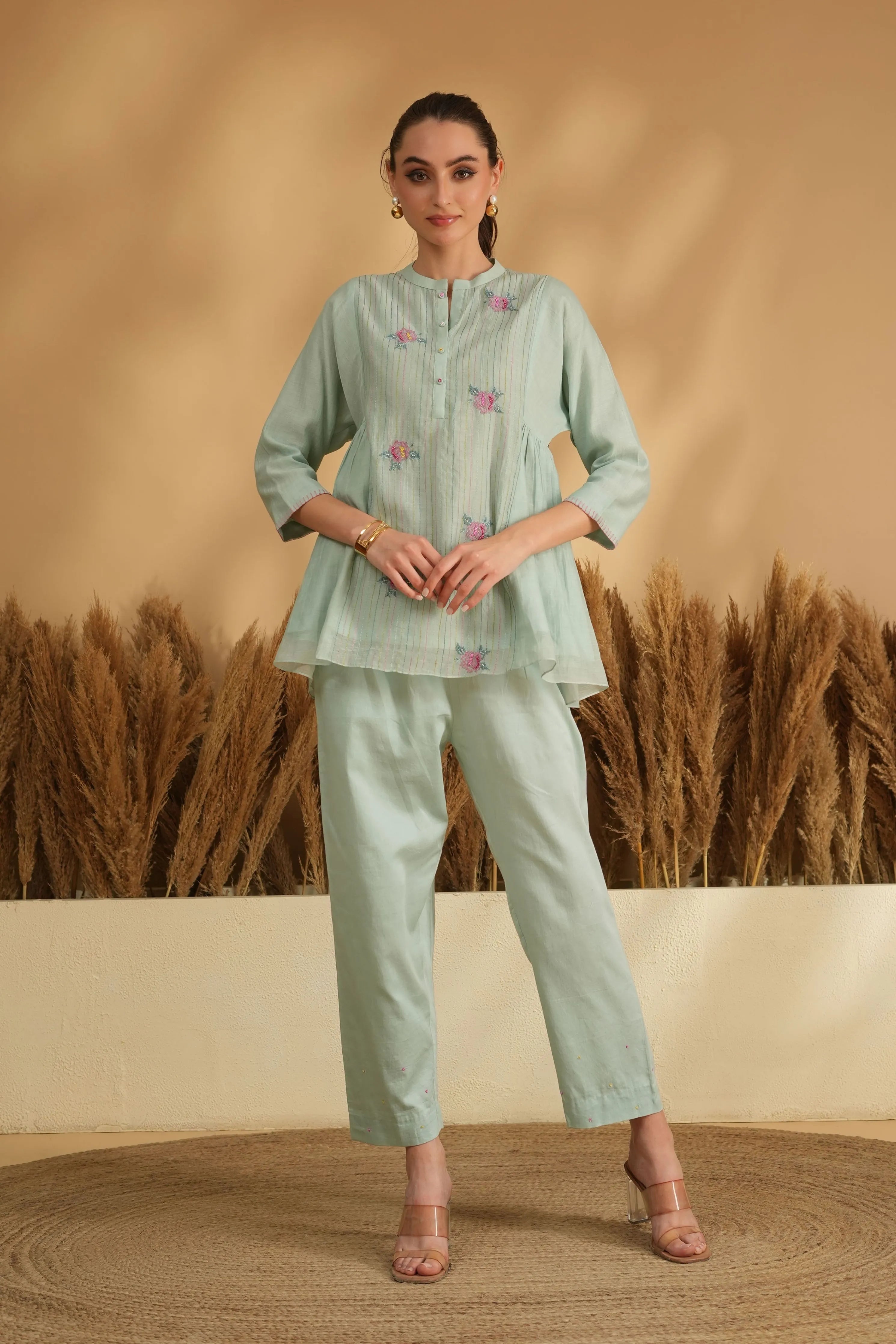 Blue Flared Cross Stitch Embroidery Co-Ord Set