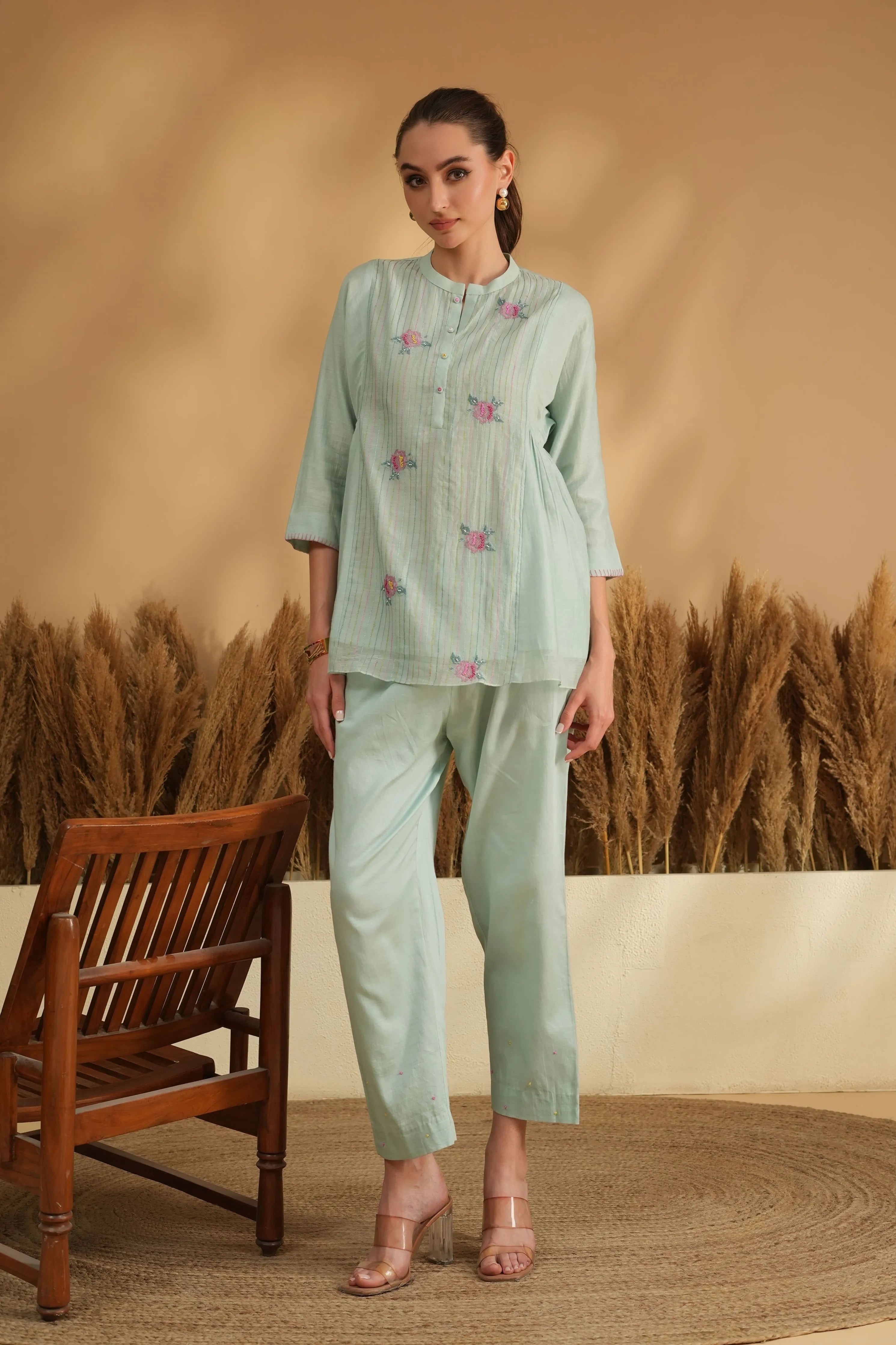 Blue Flared Cross Stitch Embroidery Co-Ord Set