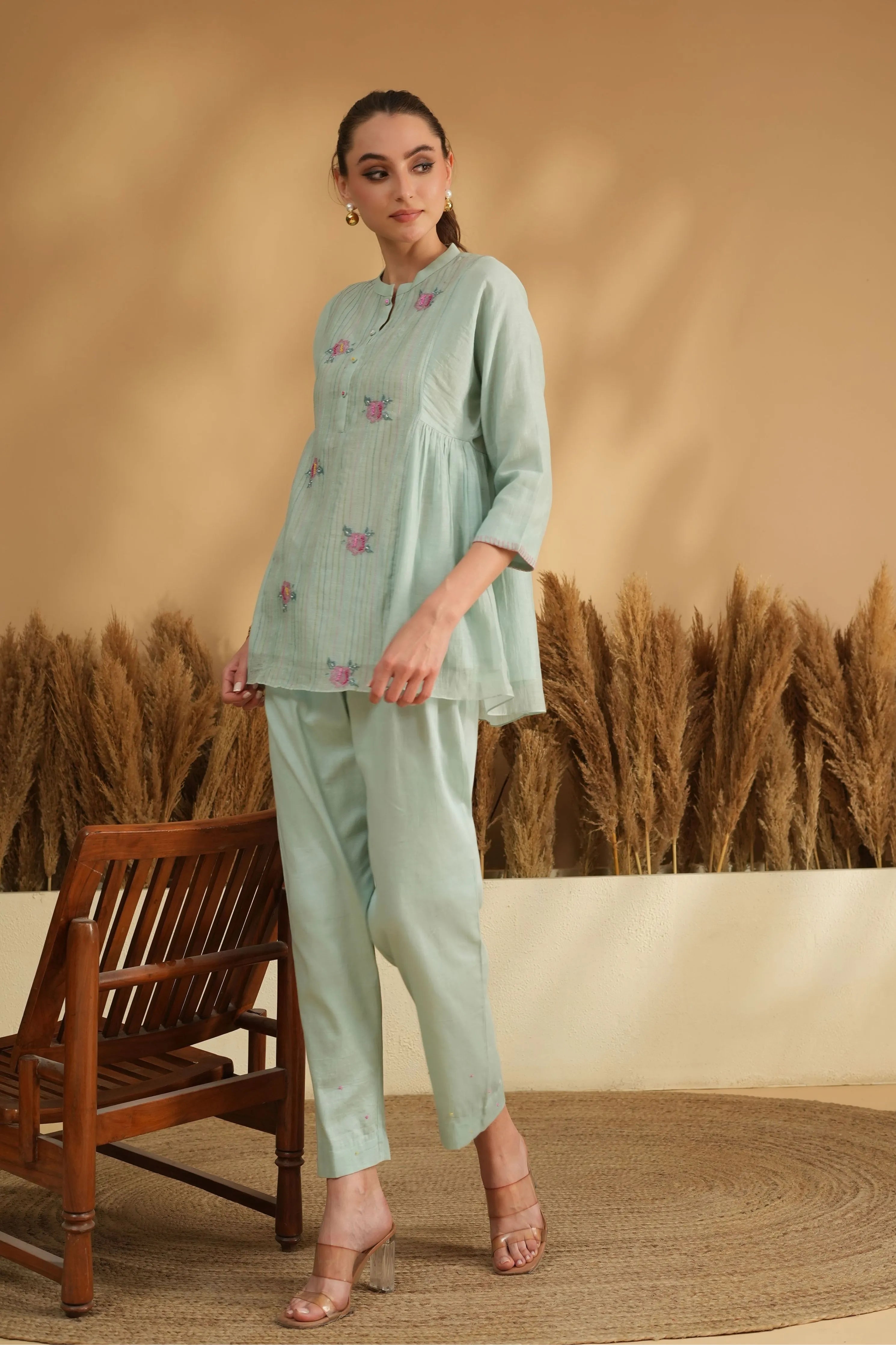 Blue Flared Cross Stitch Embroidery Co-Ord Set