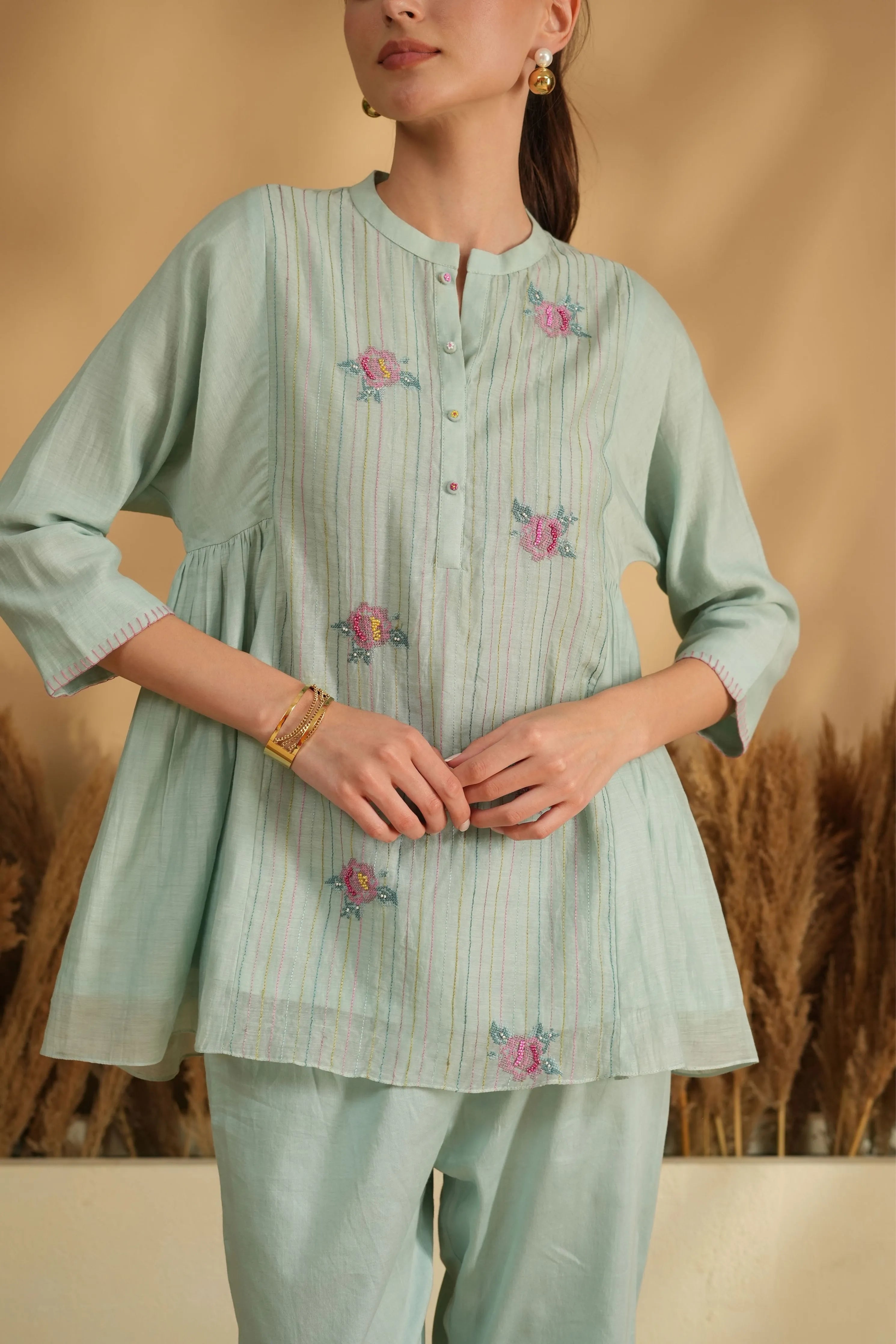 Blue Flared Cross Stitch Embroidery Co-Ord Set