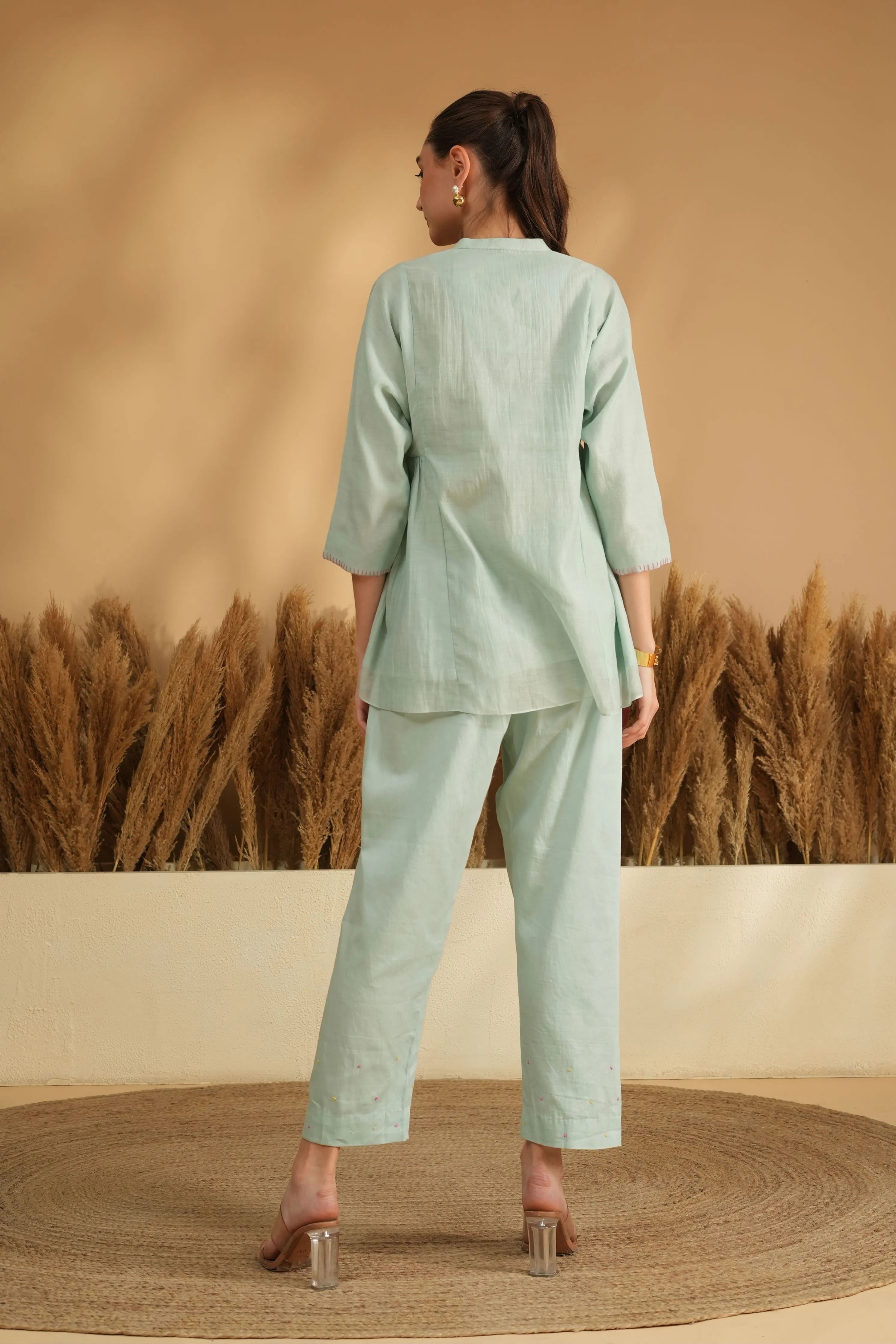 Blue Flared Cross Stitch Embroidery Co-Ord Set