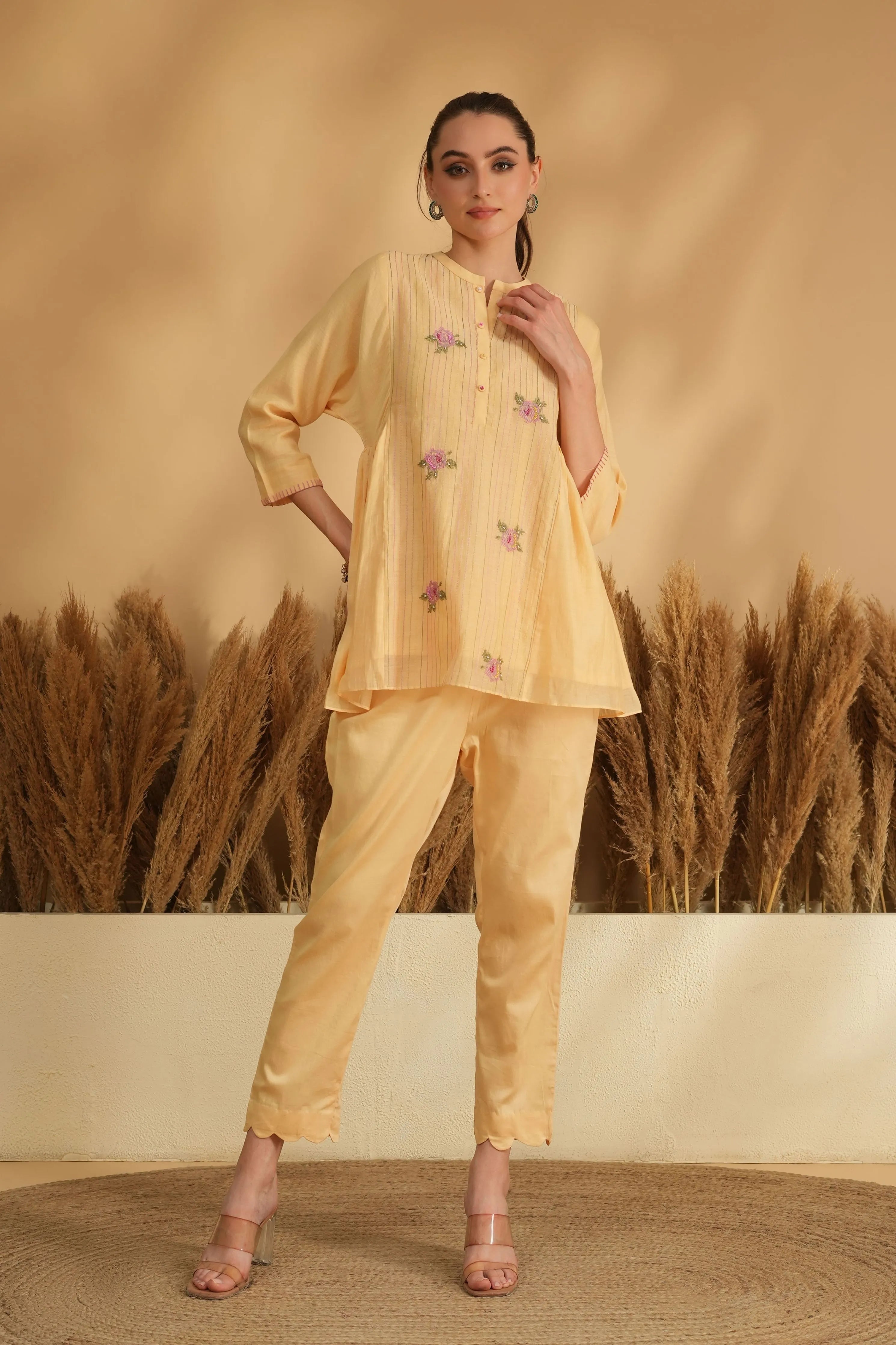 Yellow Flared Cross Stitch Embroidery Co-Ord Set
