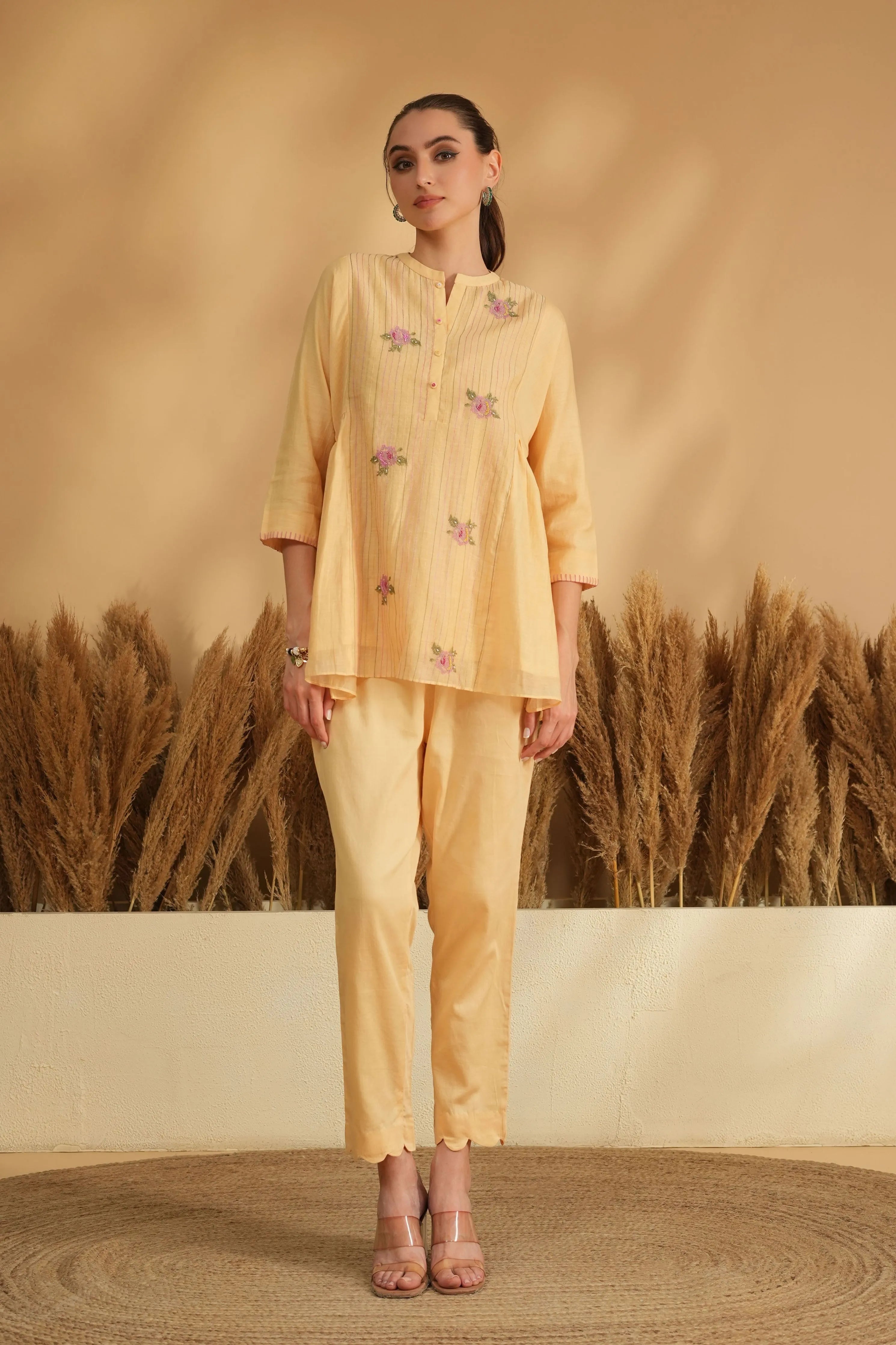 Yellow Flared Cross Stitch Embroidery Co-Ord Set