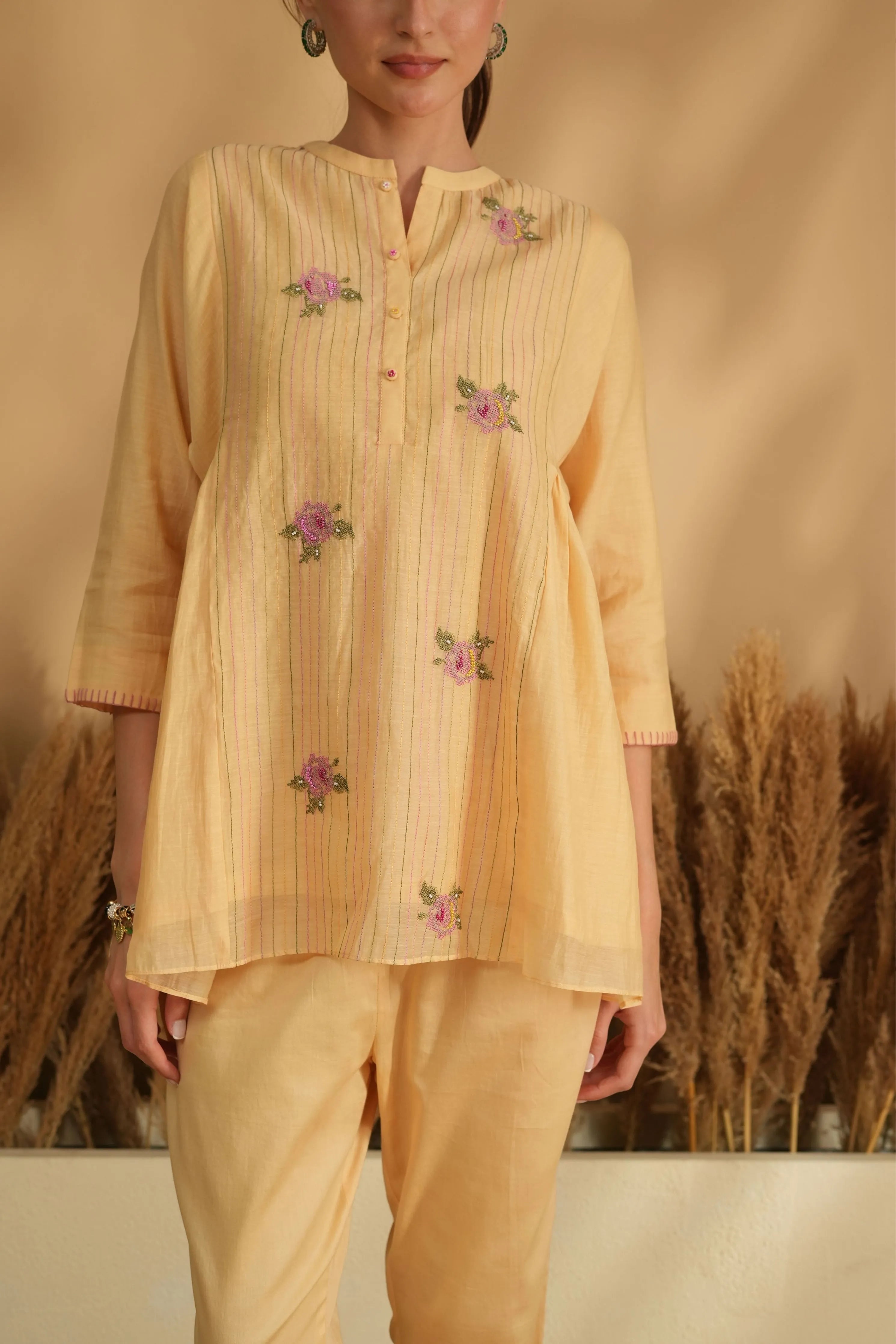 Yellow Flared Cross Stitch Embroidery Co-Ord Set