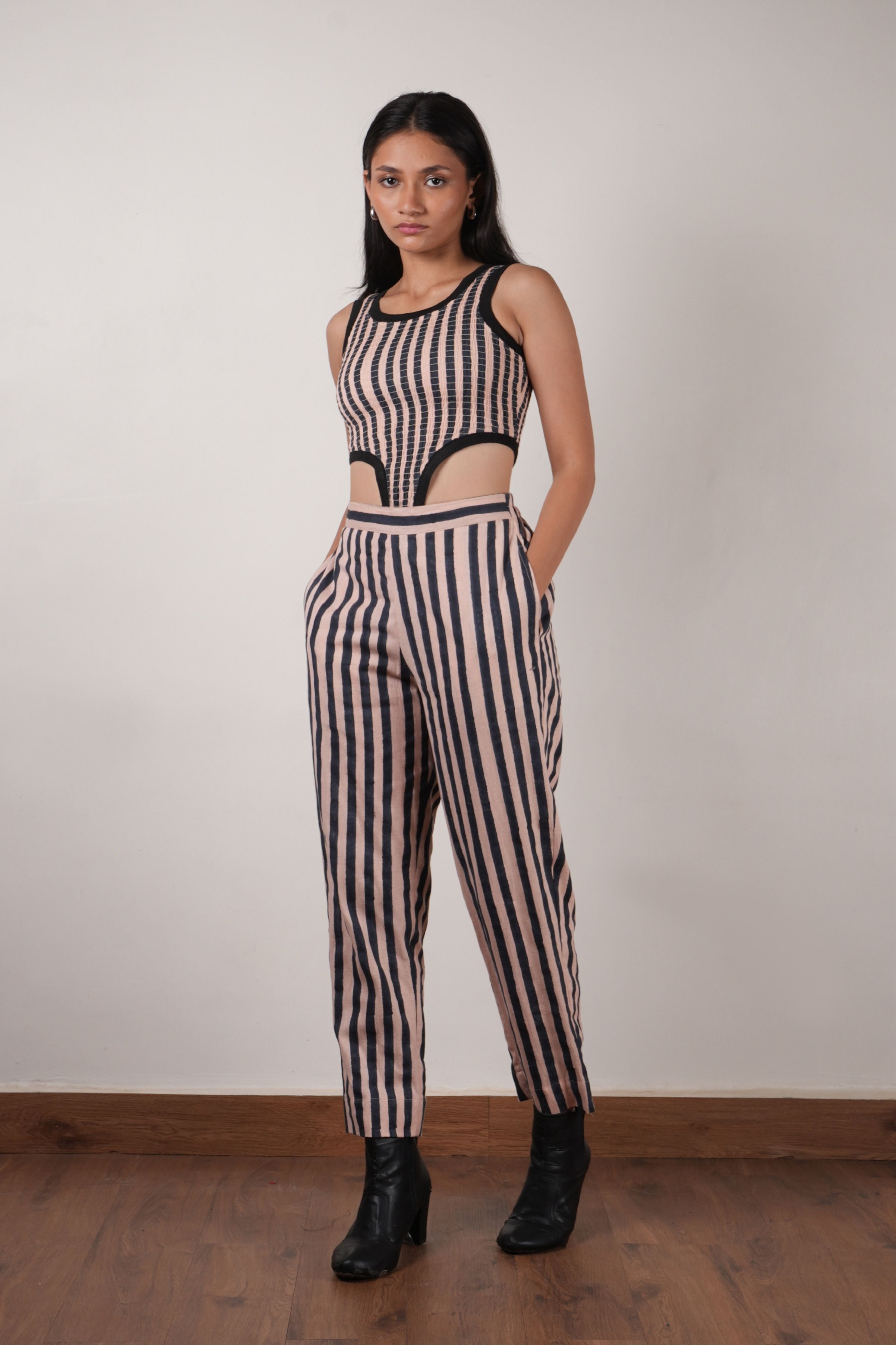 Pink with Charcoal Block Printed Smocked Bodysuit & Pant Set