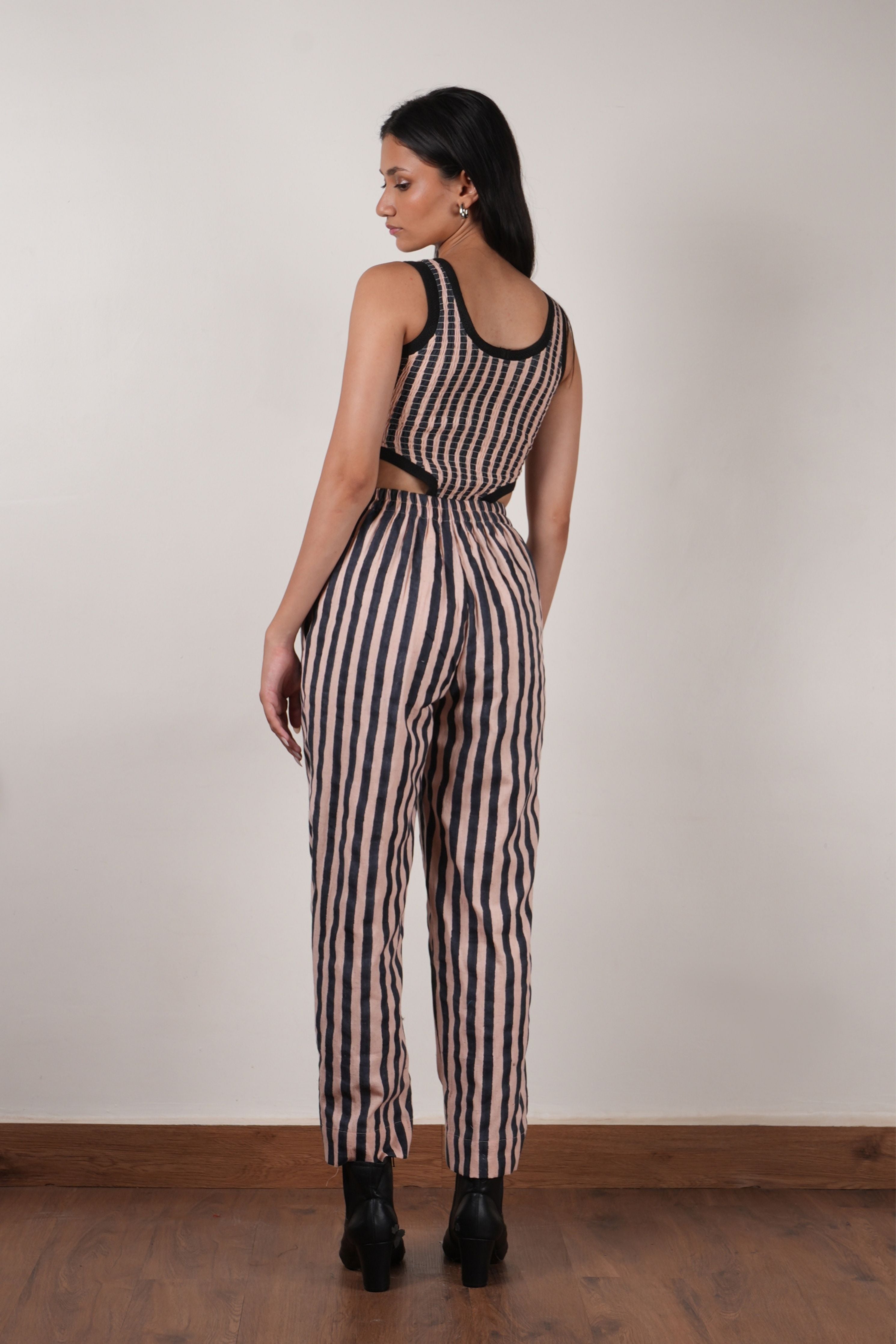 Pink with Charcoal Block Printed Smocked Bodysuit & Pant Set
