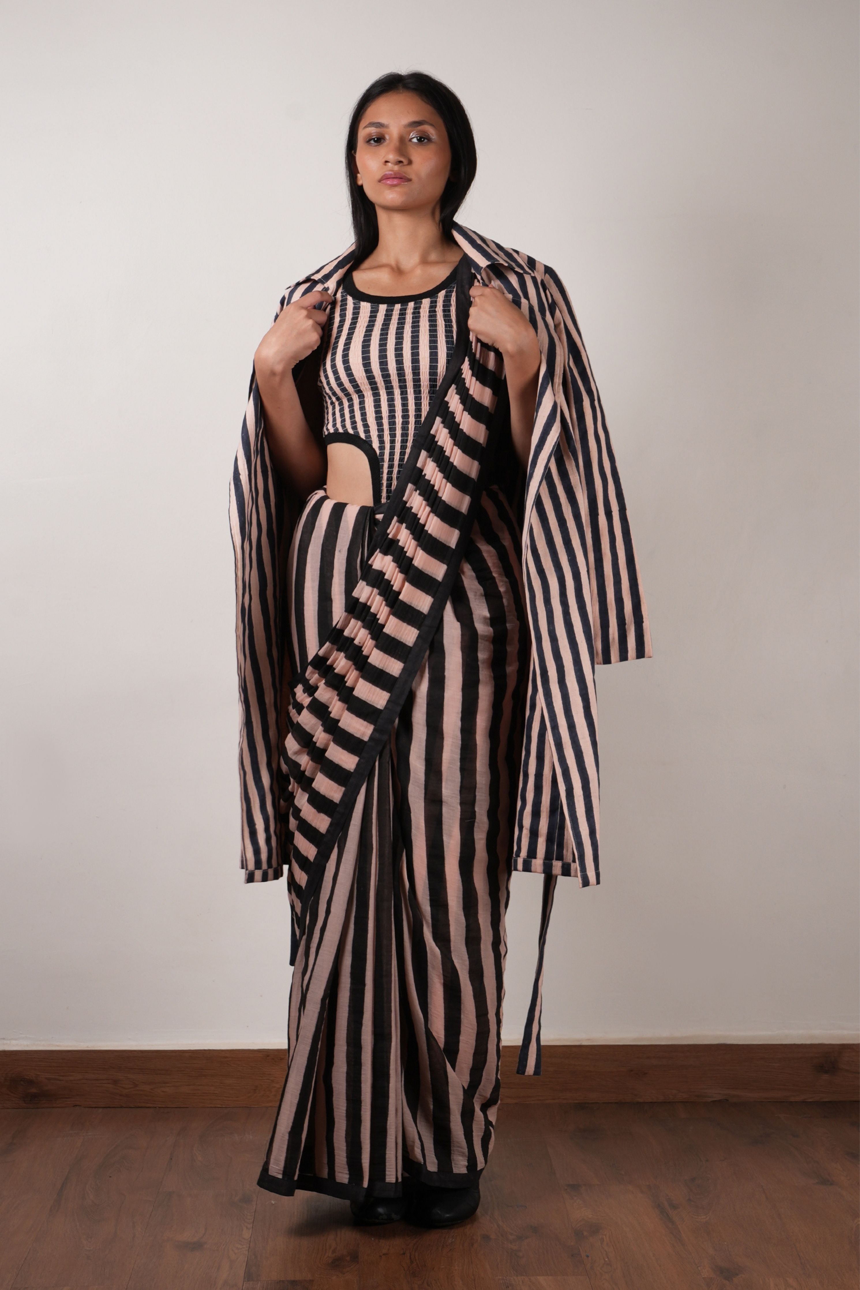 Pink with Charcoal Block Printed Smocked Bodysuit, Saree & Trench Jacket Set