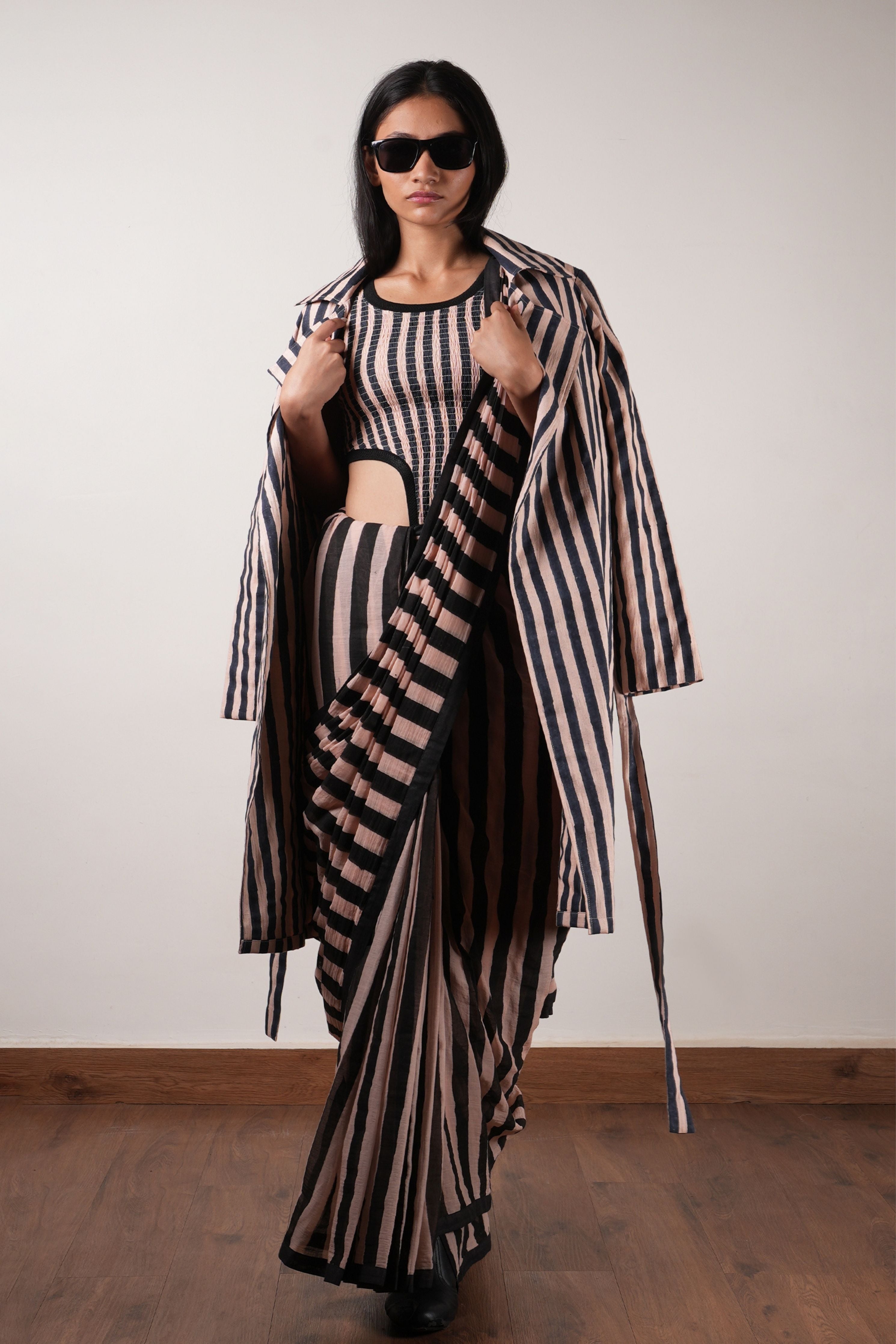 Pink with Charcoal Block Printed Smocked Bodysuit, Saree & Trench Jacket Set