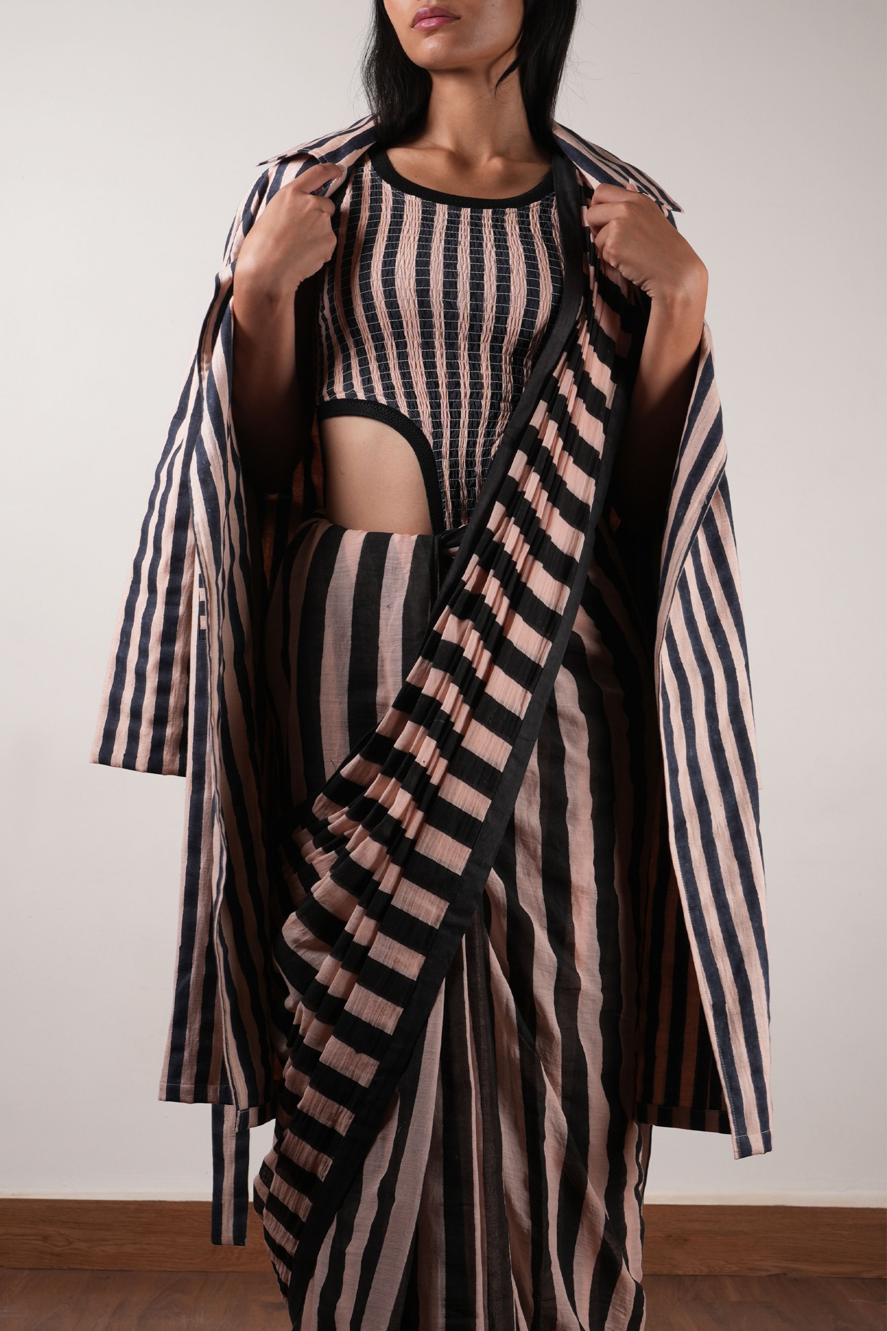 Pink with Charcoal Block Printed Smocked Bodysuit, Saree & Trench Jacket Set