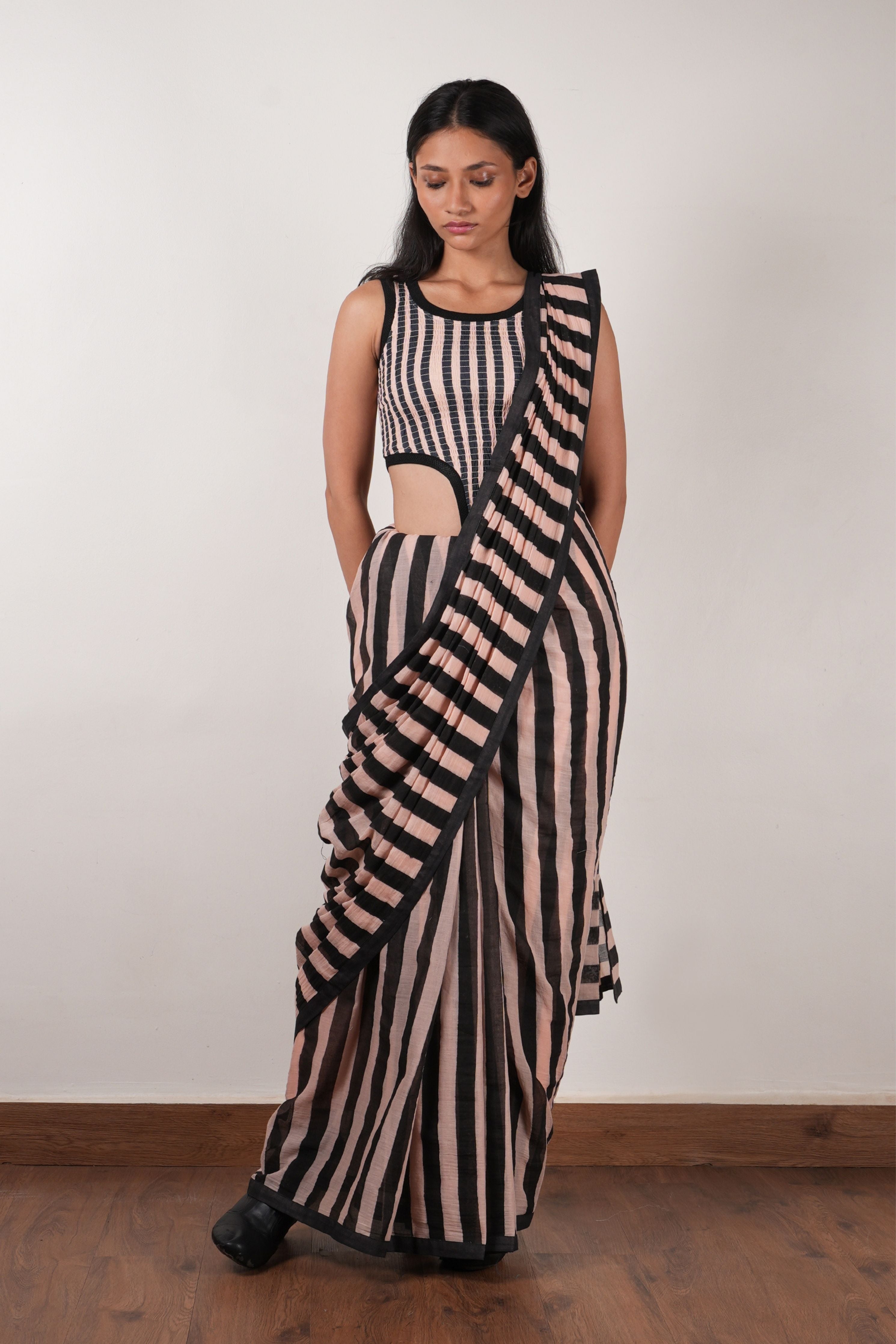 Pink with Charcoal Block Printed Smocked Bodysuit & Saree Set