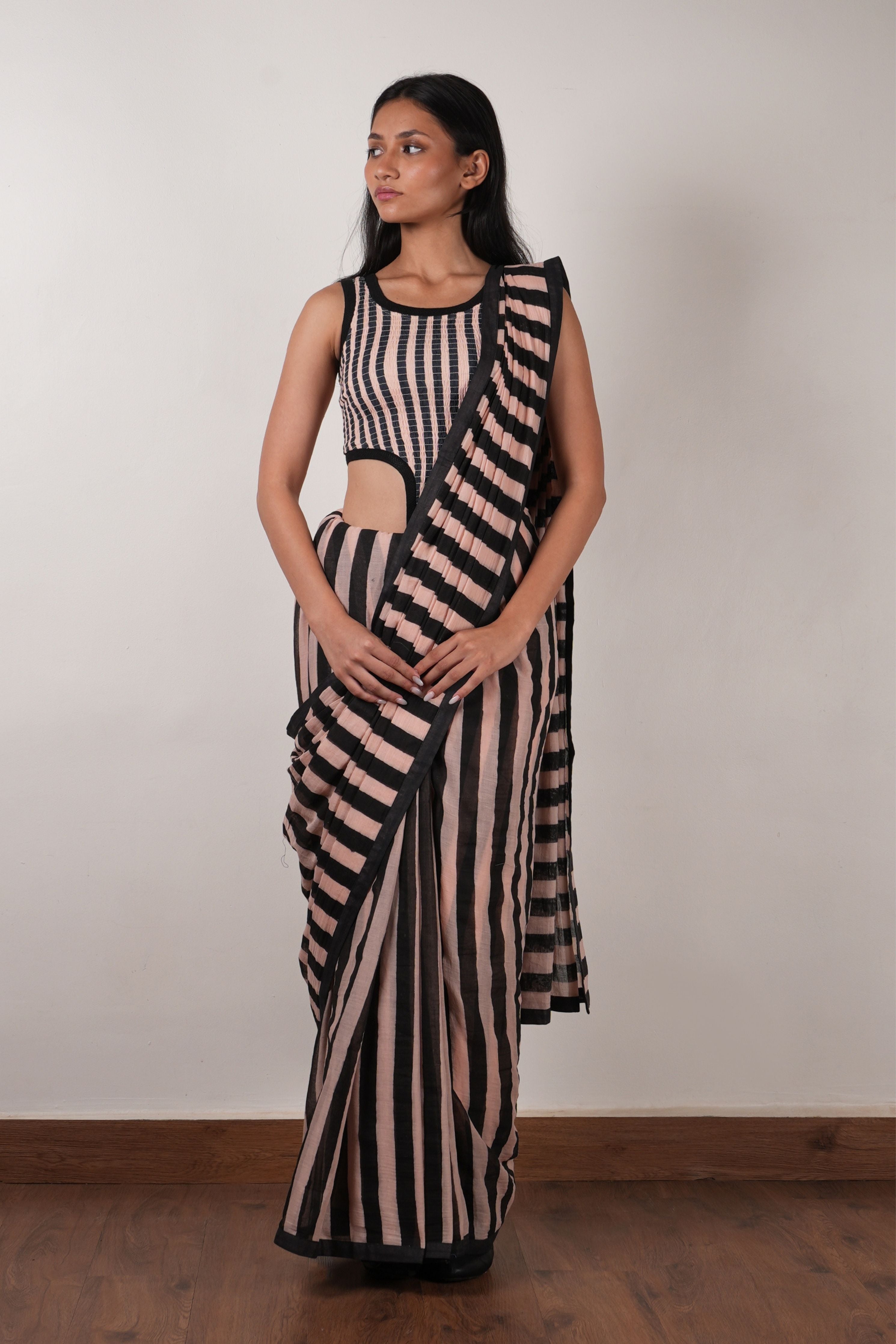 Pink with Charcoal Block Printed Smocked Bodysuit & Saree Set