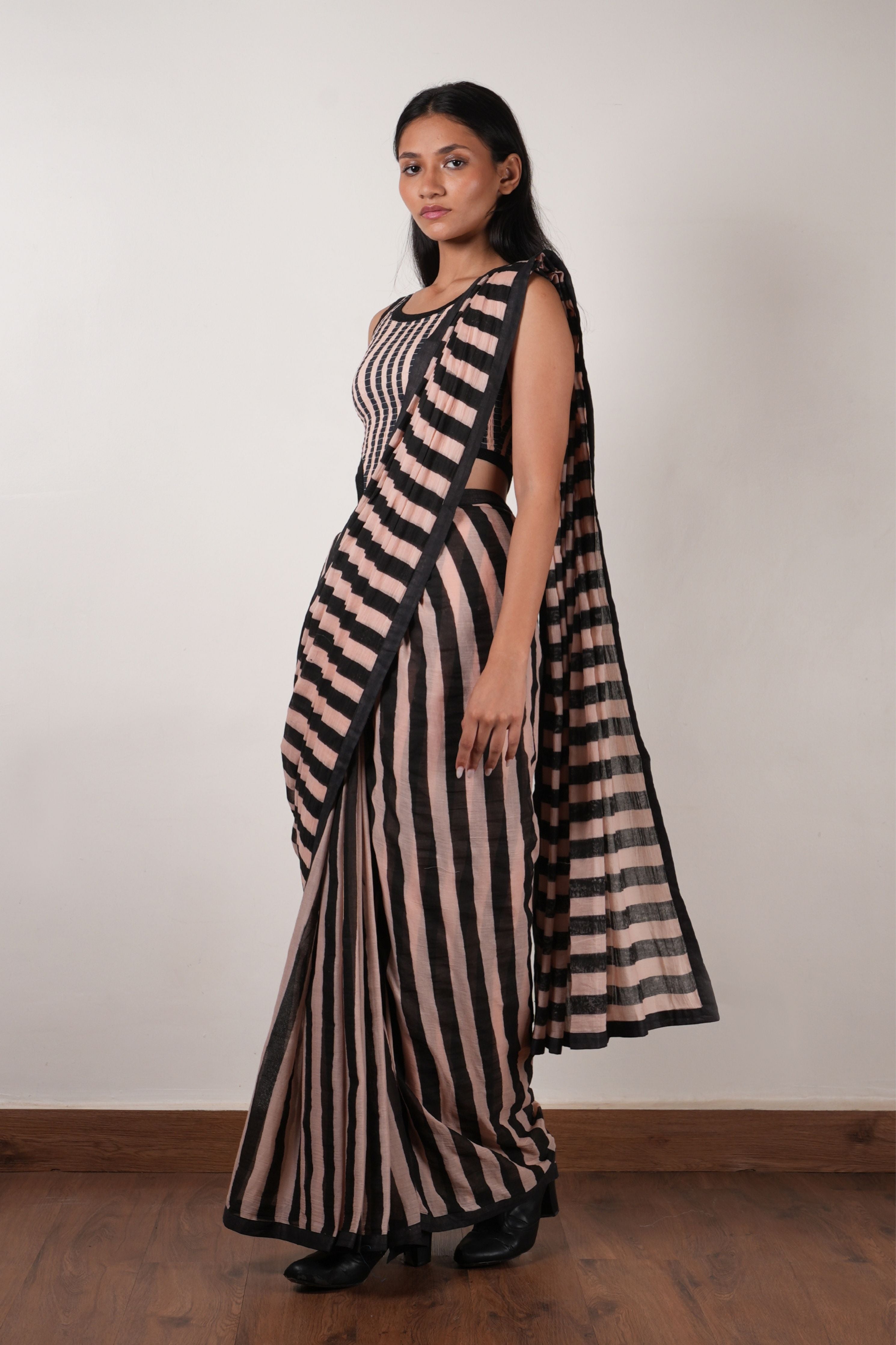 Pink with Charcoal Block Printed Smocked Bodysuit & Saree Set