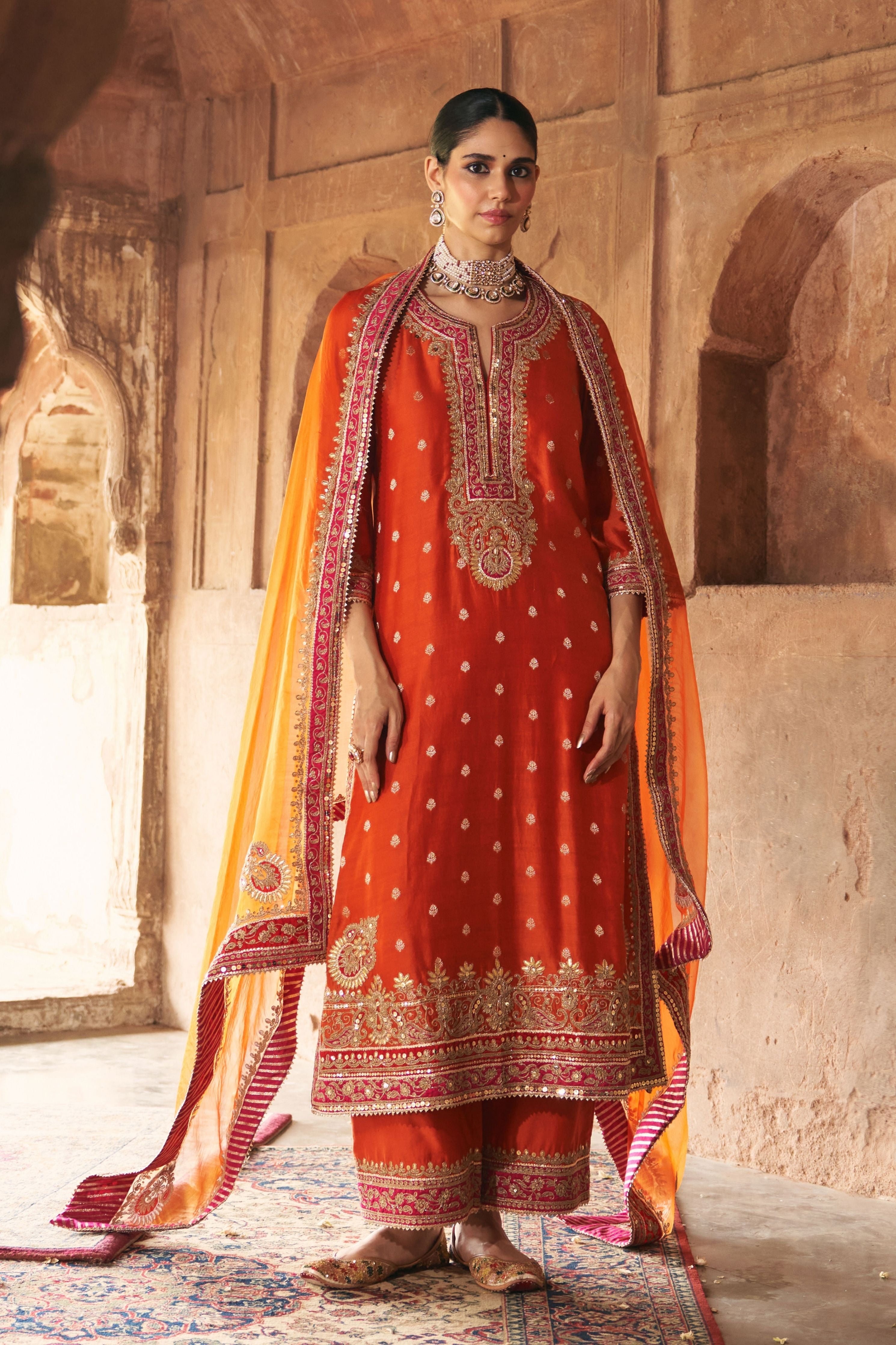Sobia  Burnt Orange Long Kurta With Palazzo And Dupatta