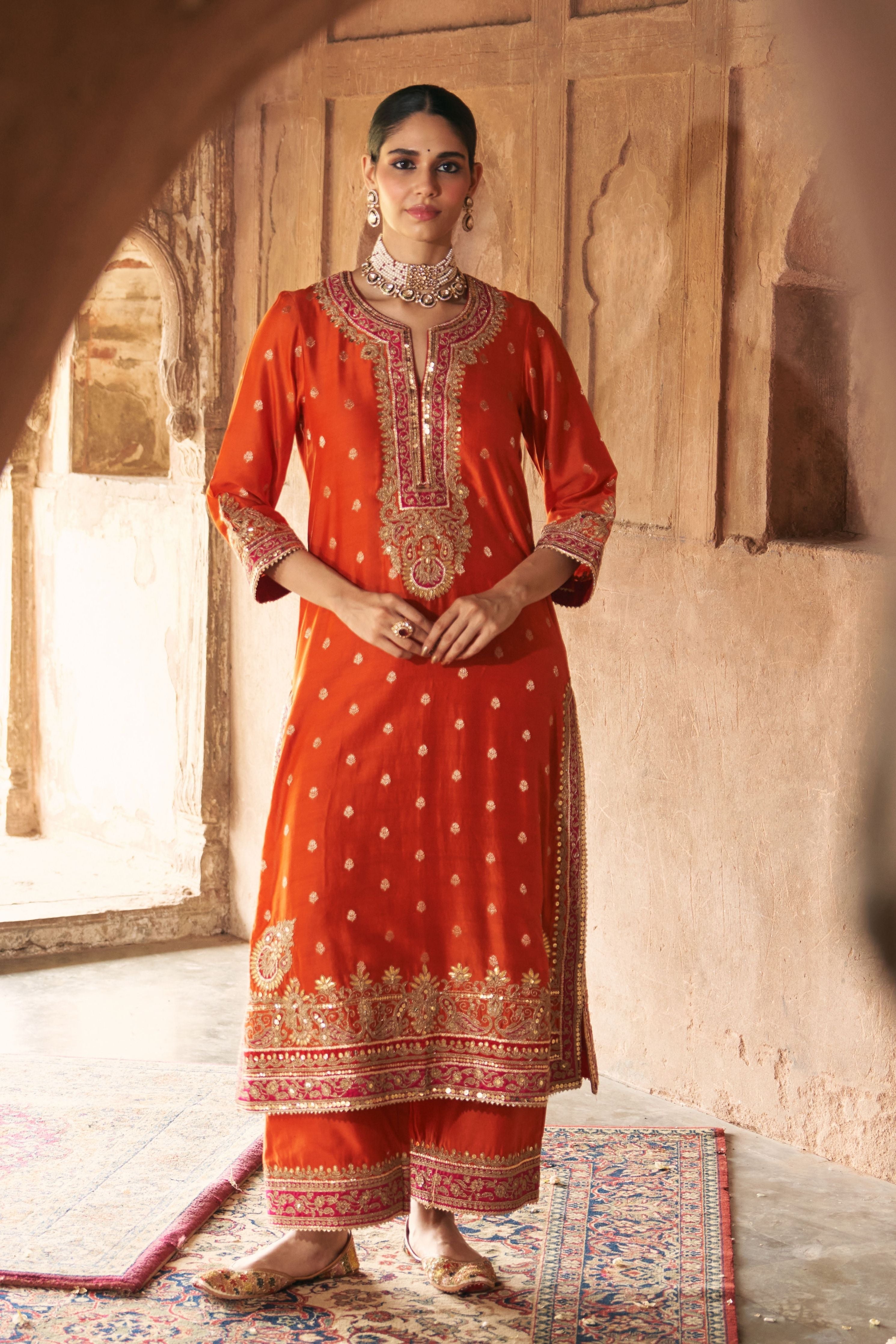 Sobia  Burnt Orange Long Kurta With Palazzo And Dupatta