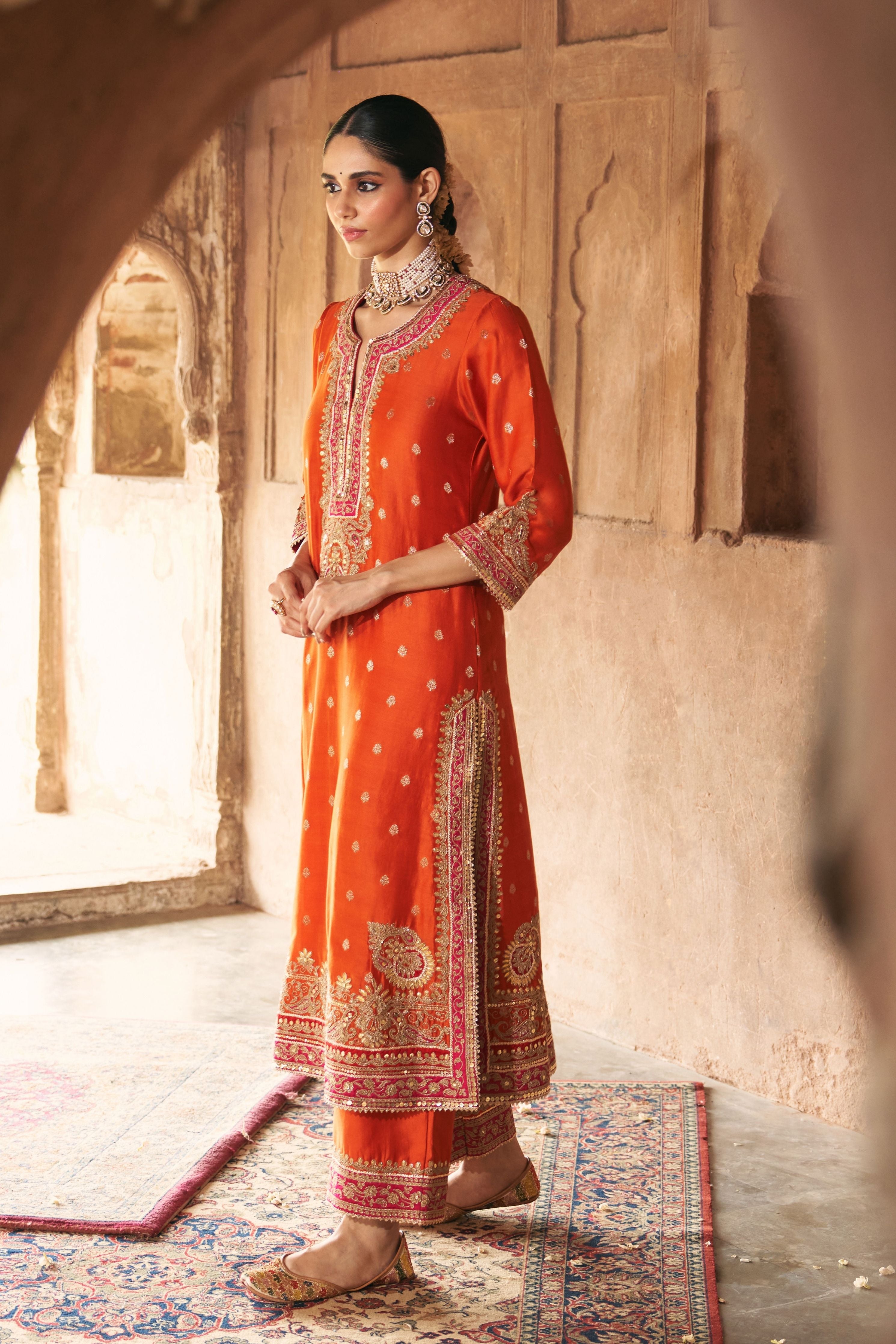 Sobia  Burnt Orange Long Kurta With Palazzo And Dupatta