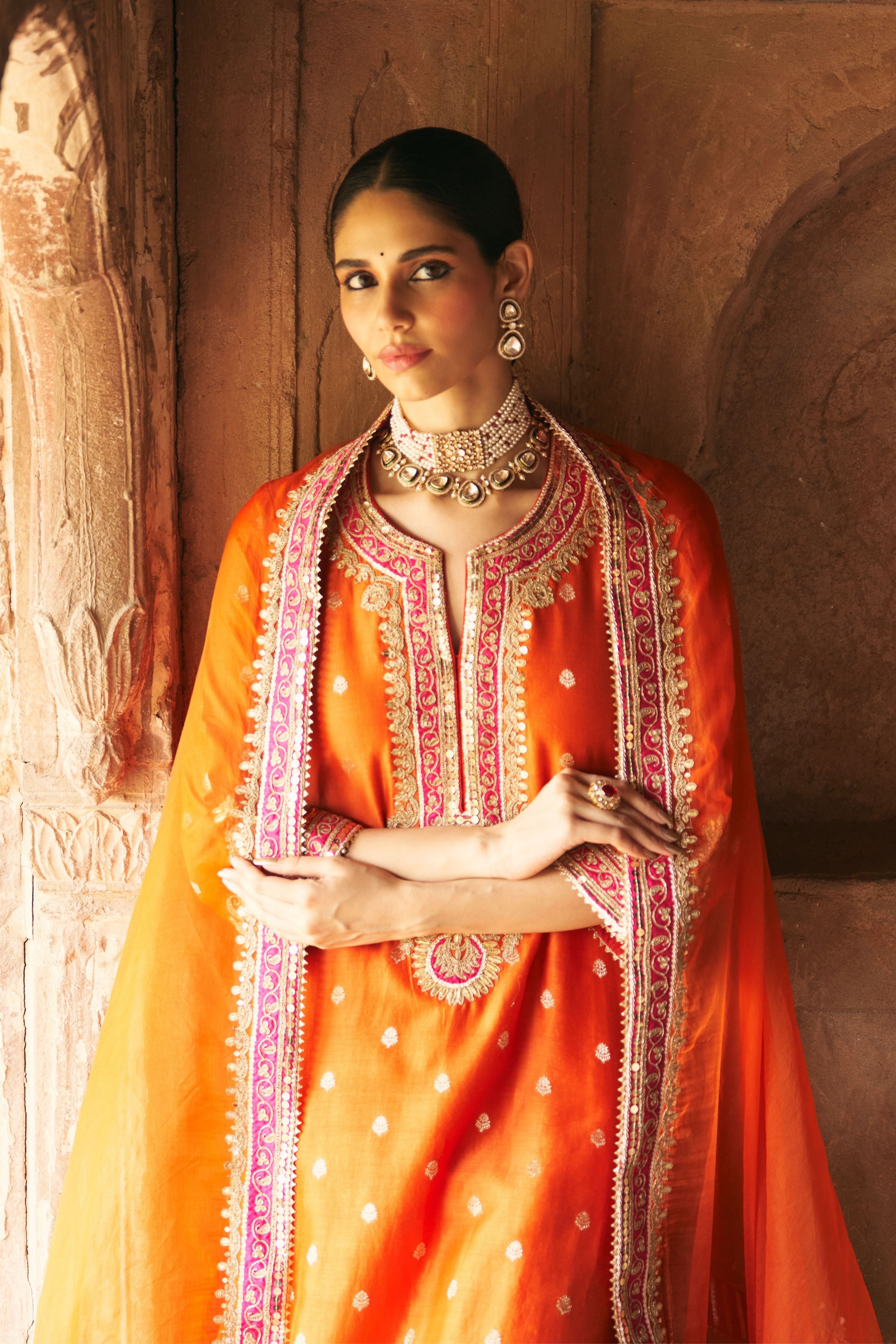 Sobia  Burnt Orange Long Kurta With Palazzo And Dupatta
