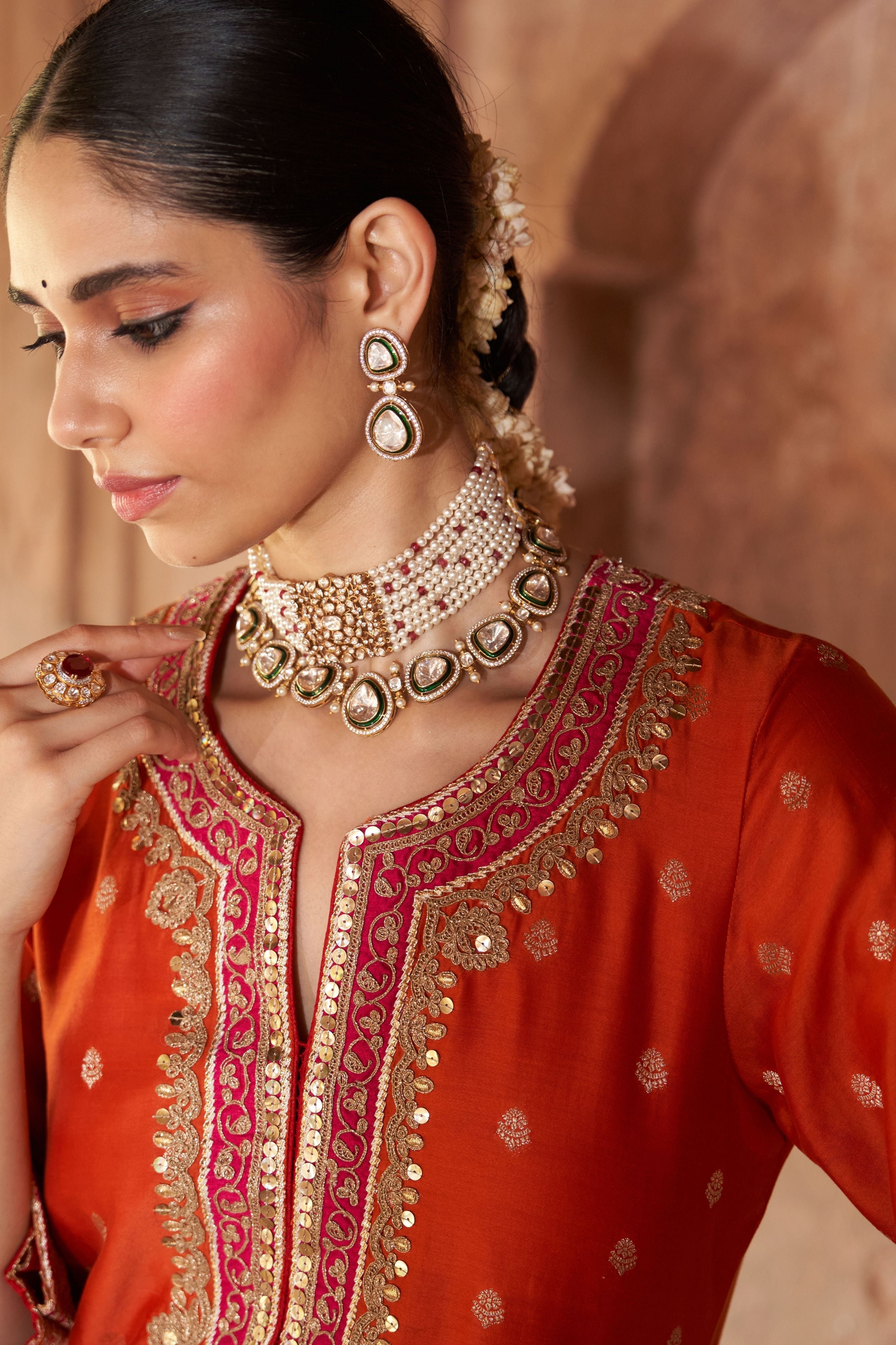 Sobia  Burnt Orange Long Kurta With Palazzo And Dupatta
