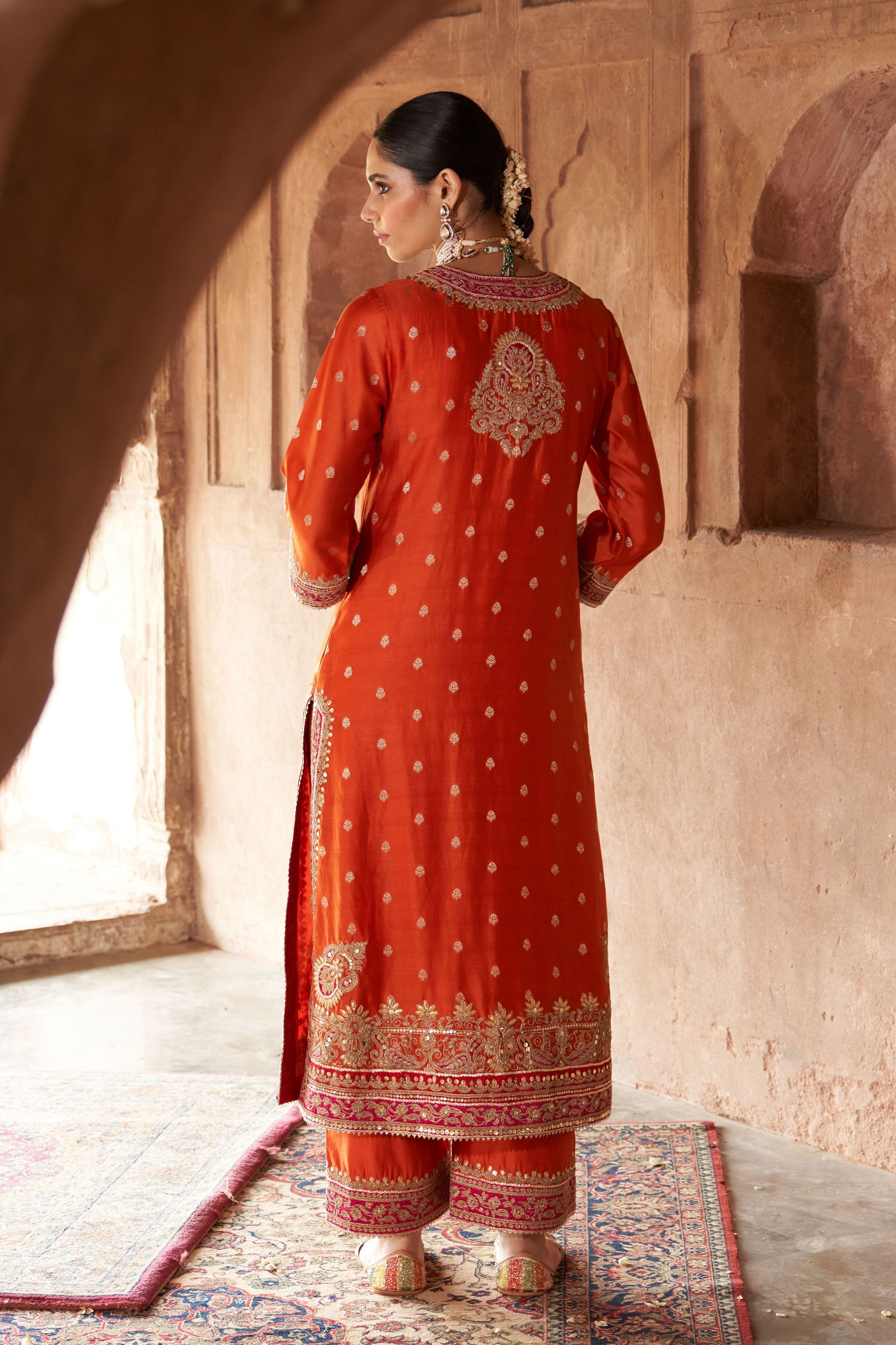 Sobia  Burnt Orange Long Kurta With Palazzo And Dupatta