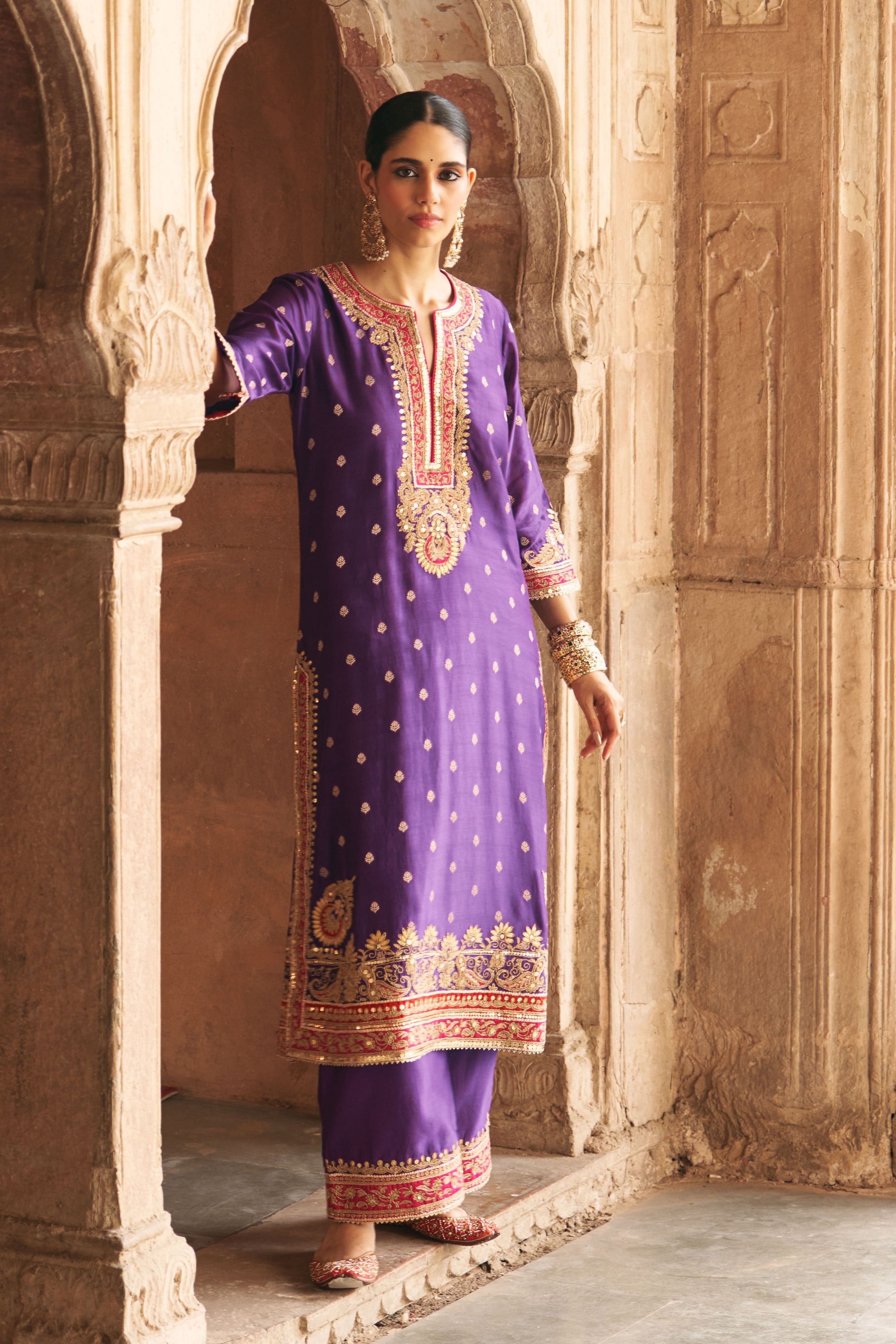 Sobia  Deep Purple Long Kurta With Palazzo And Dupatta