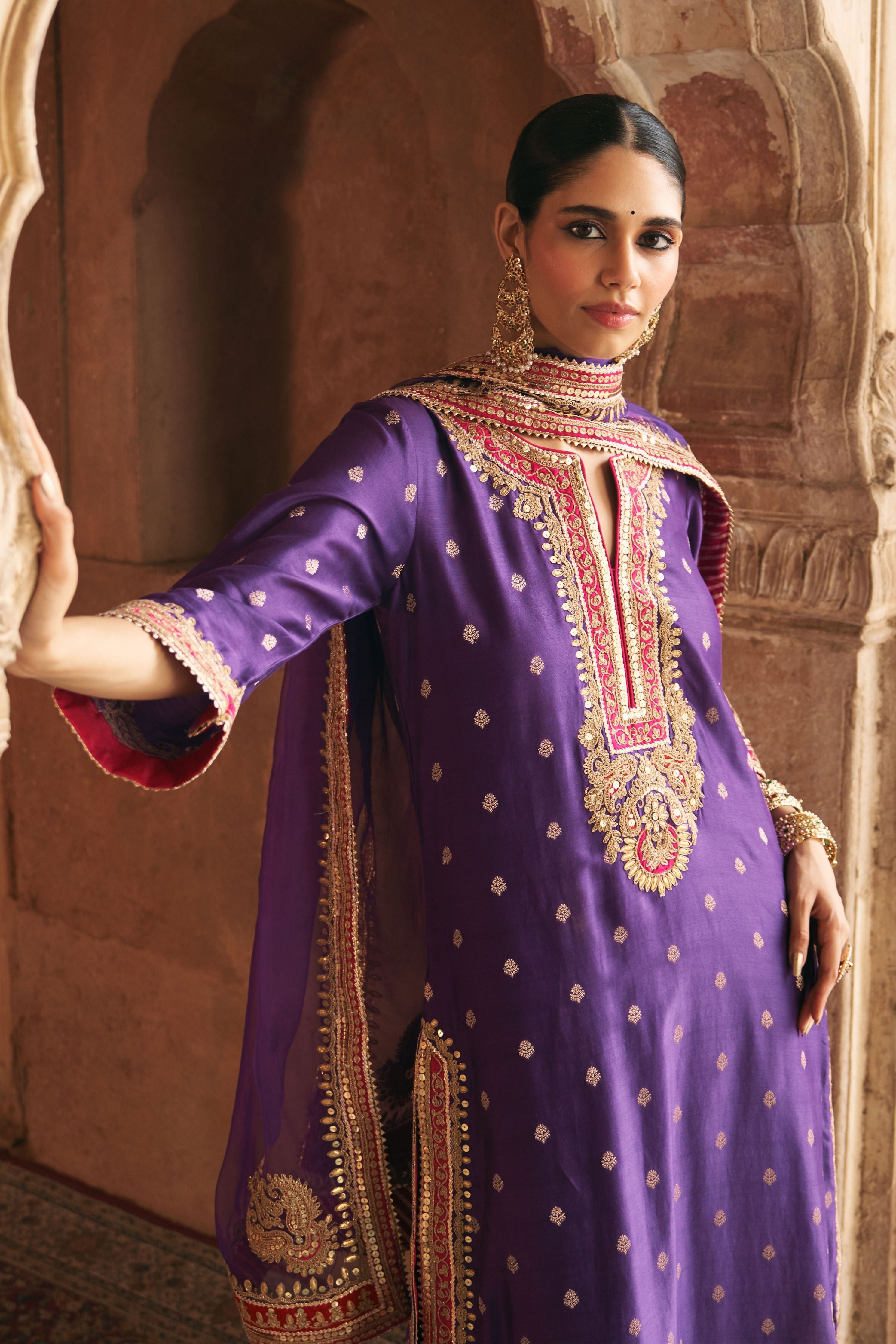 Sobia  Deep Purple Long Kurta With Palazzo And Dupatta