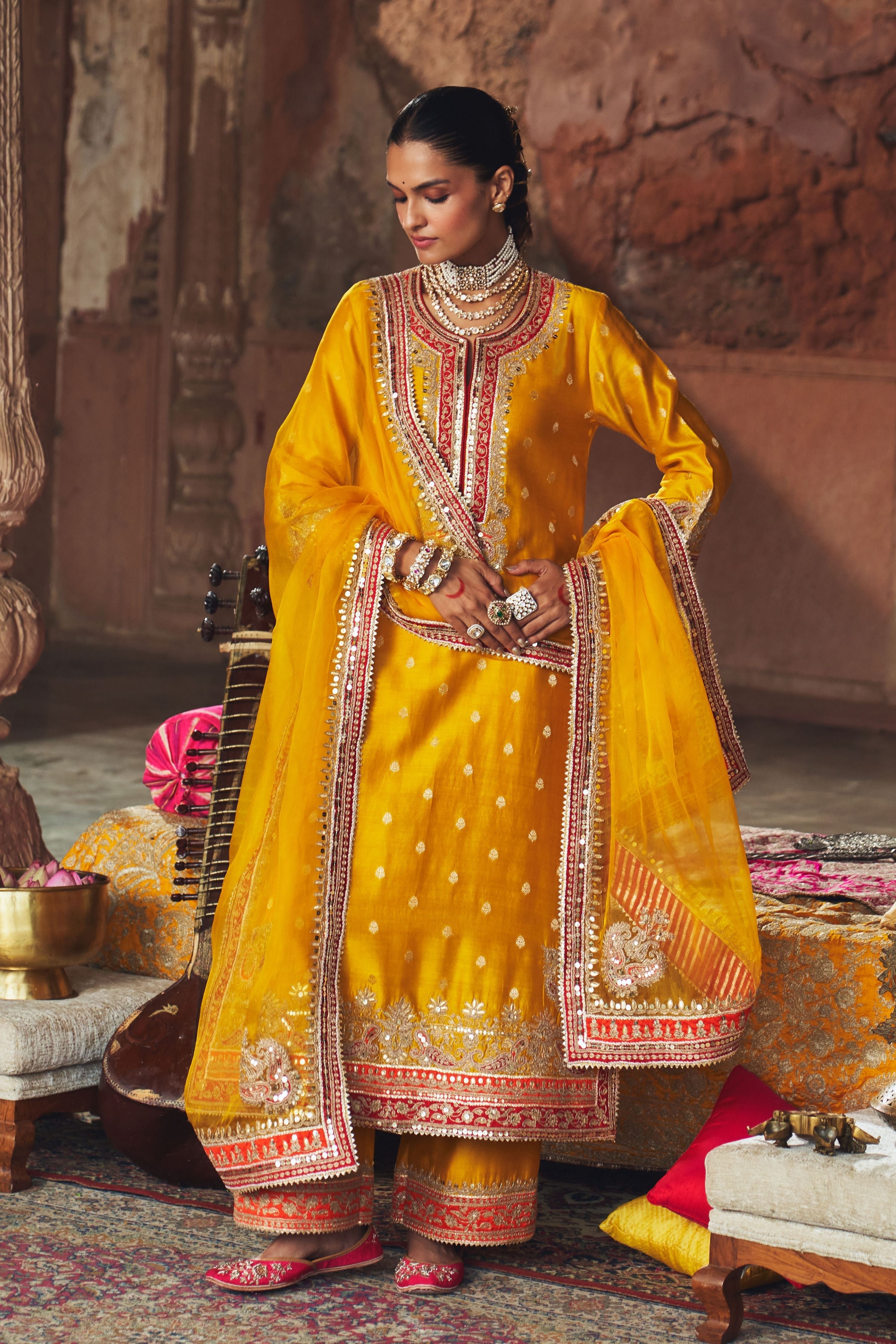 Sobia  Mustard Long Kurta With Palazzo And Dupatta