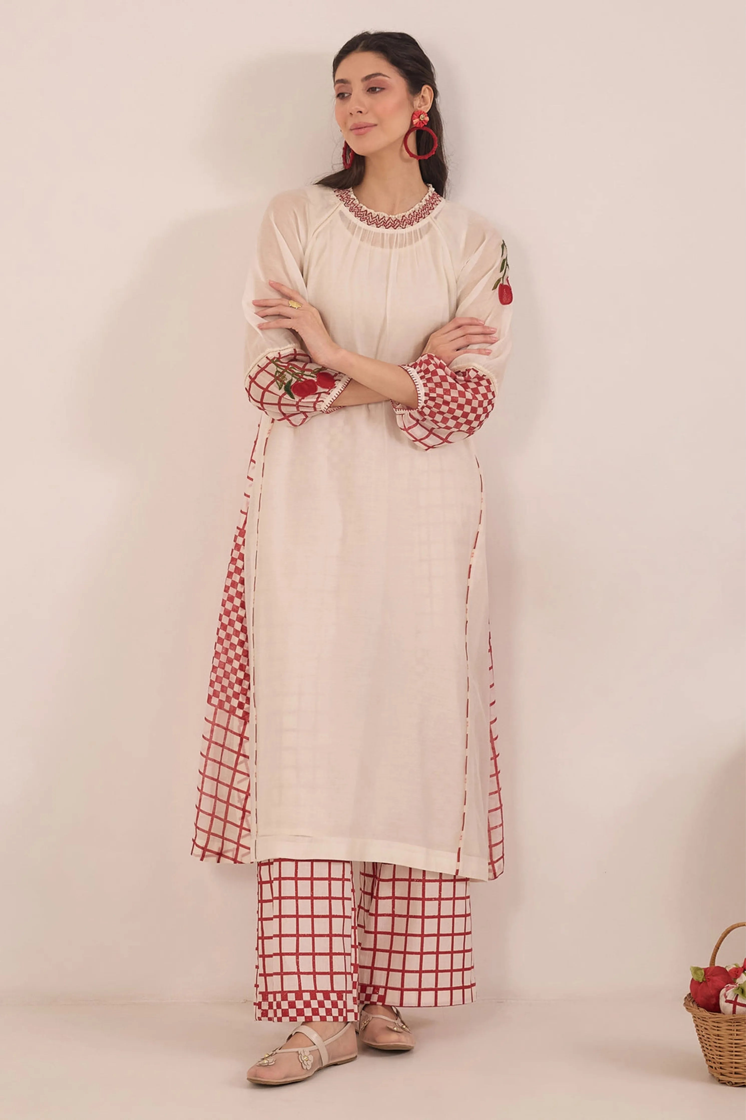 Shirin Ivory Red Check Embroidered Kurta Set