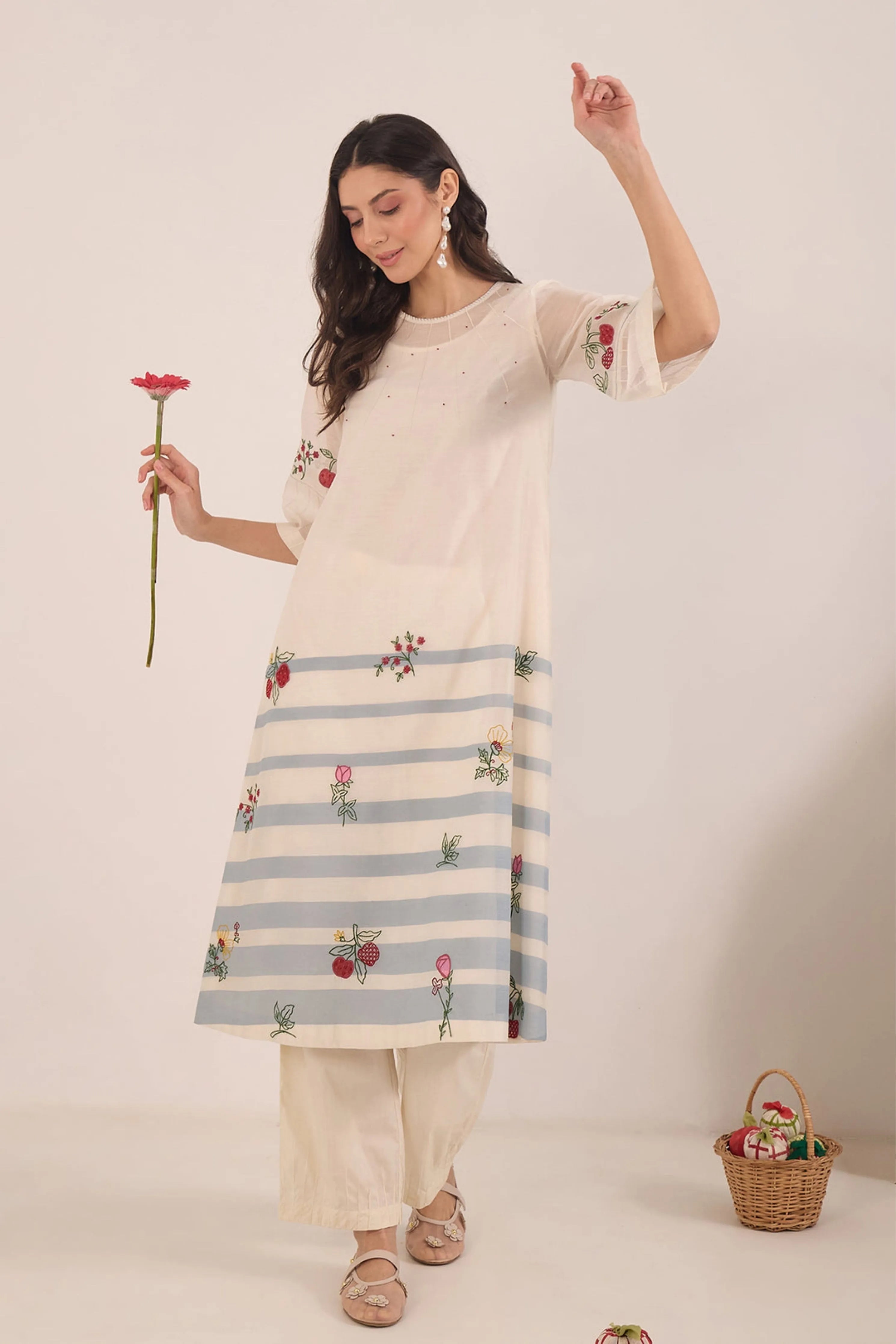 Chinar Floral Embroidered Stripe Kurta Set