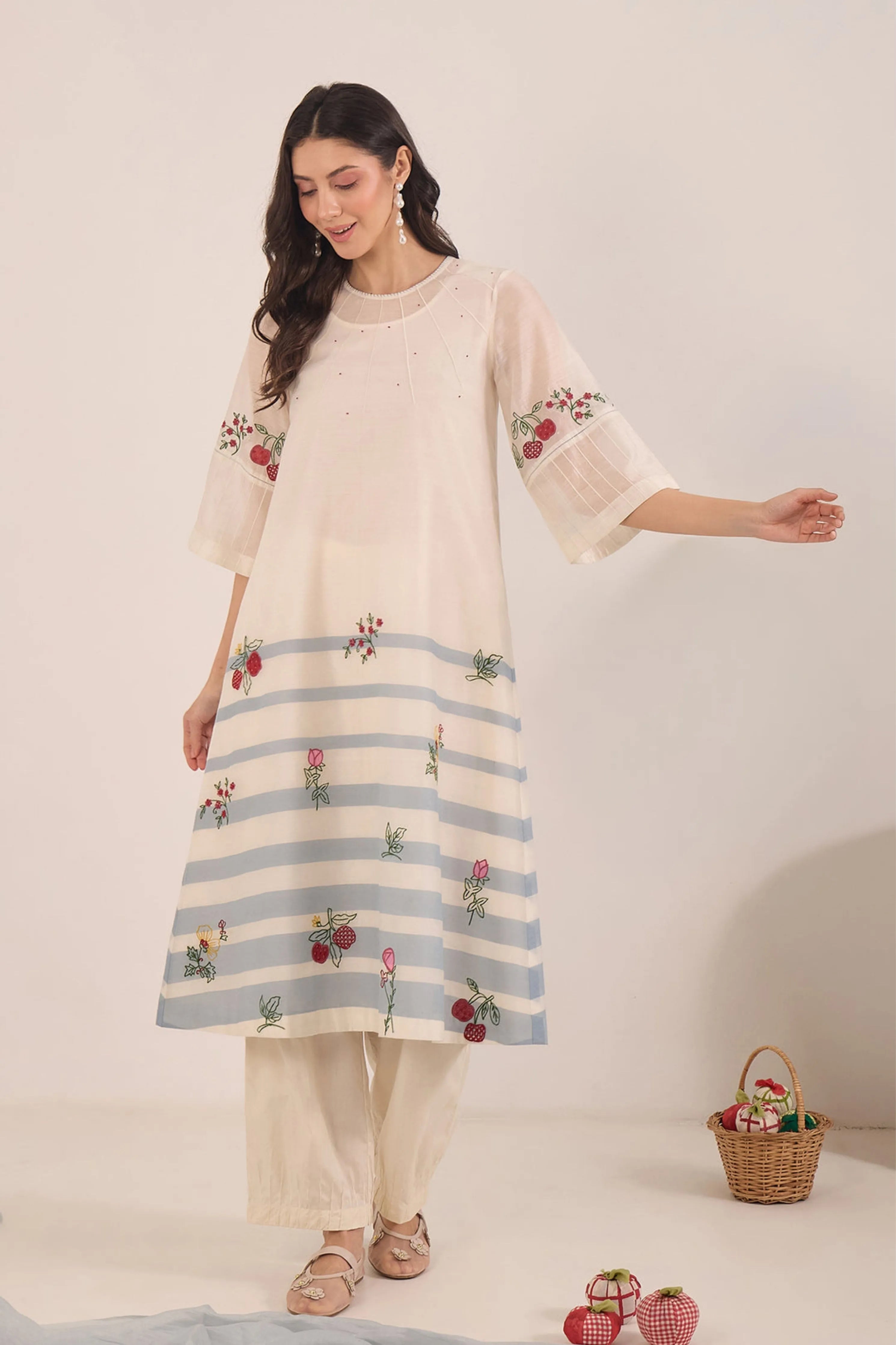 Chinar Floral Embroidered Stripe Kurta Set
