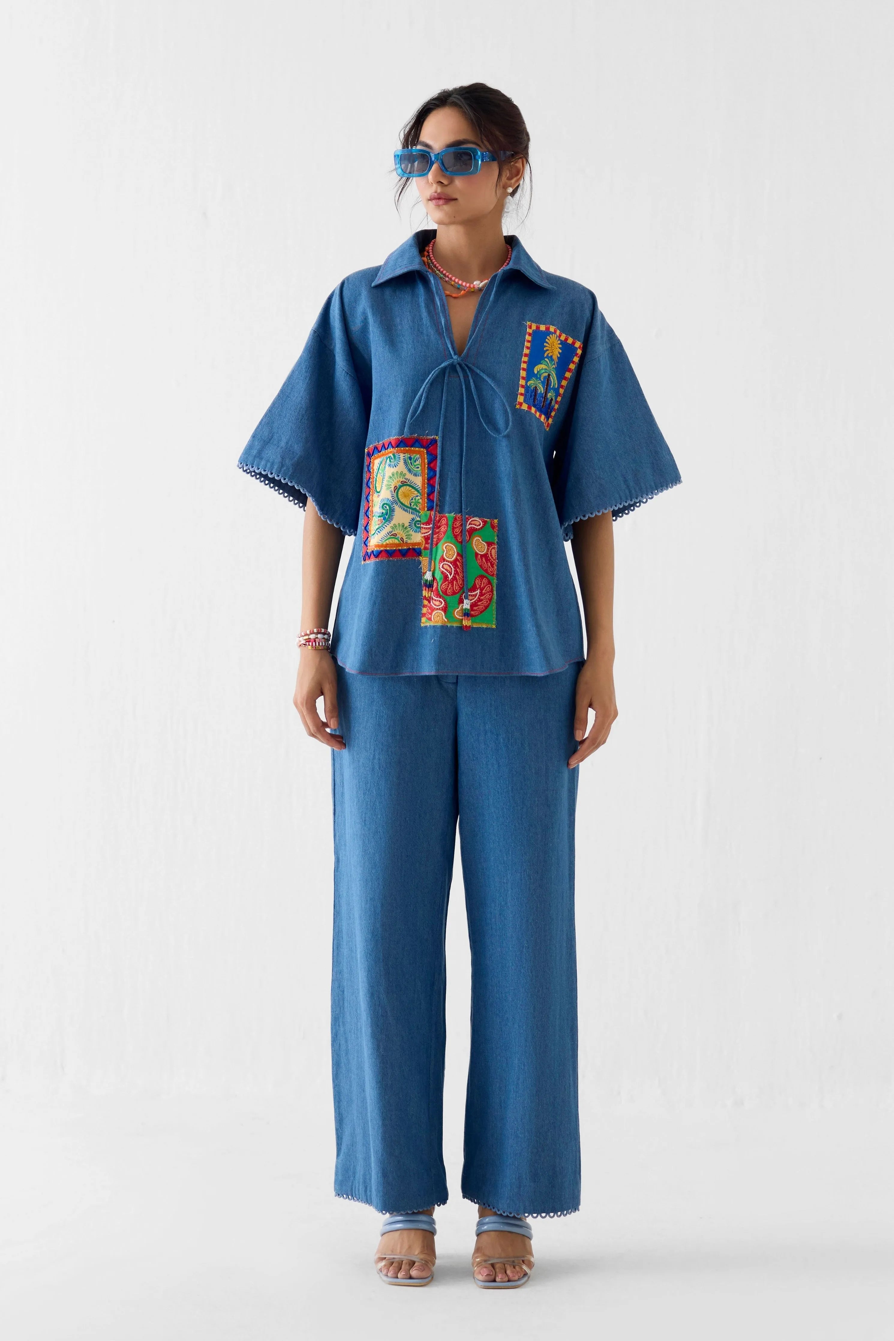 Indigo Patchwork Shirt & Trousers Co-Ord Set