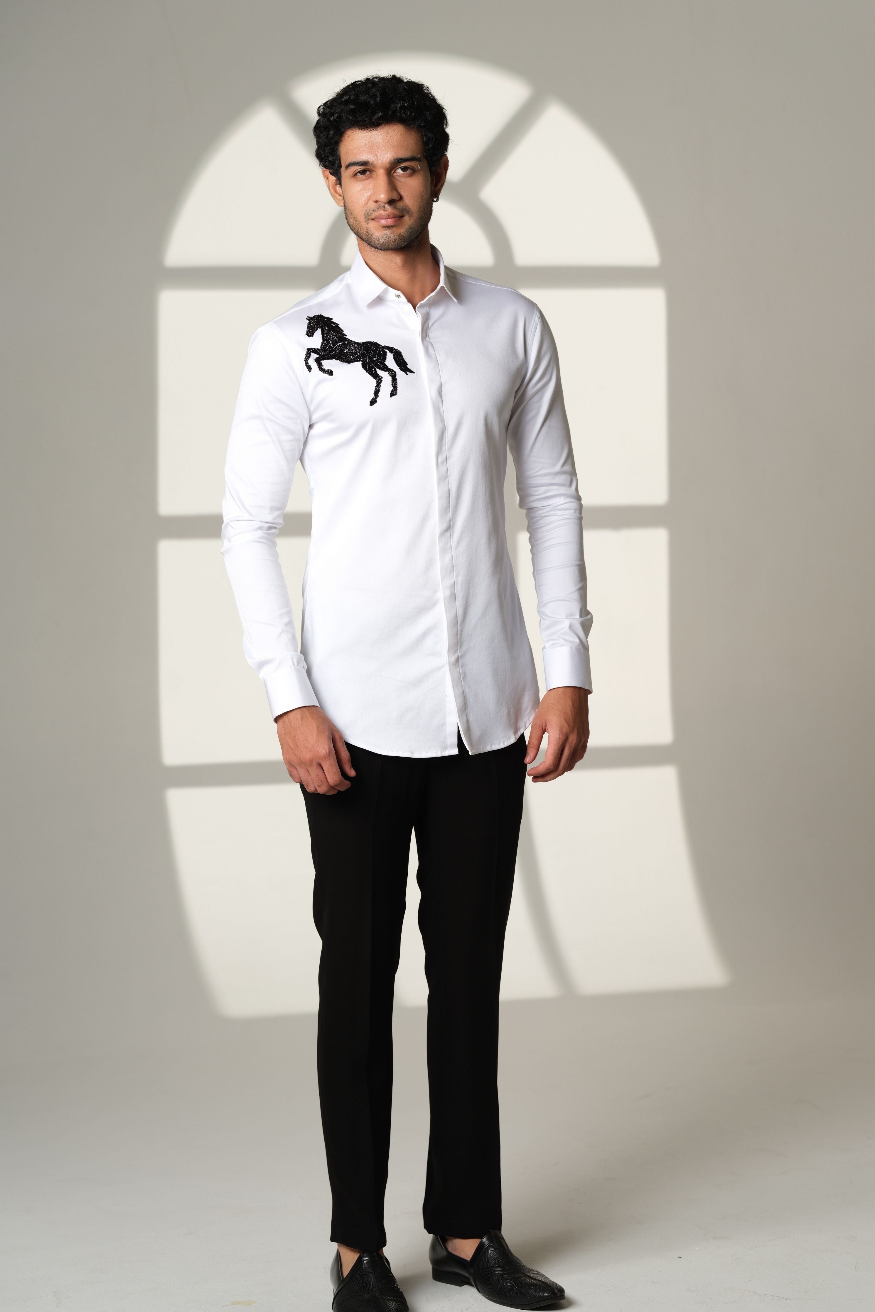 White Shirt Black Horse On Right Shoulder