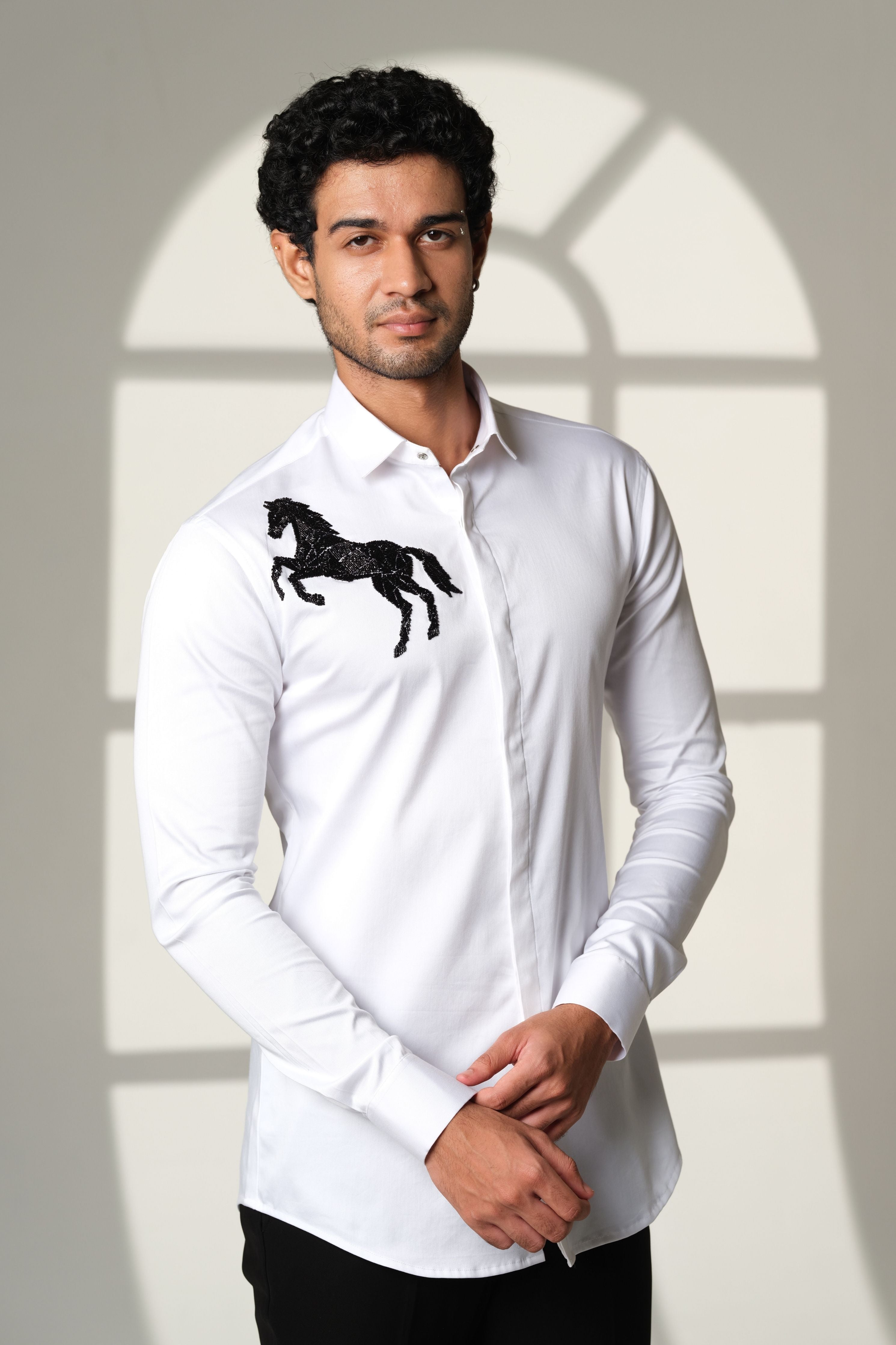 White Shirt Black Horse On Right Shoulder