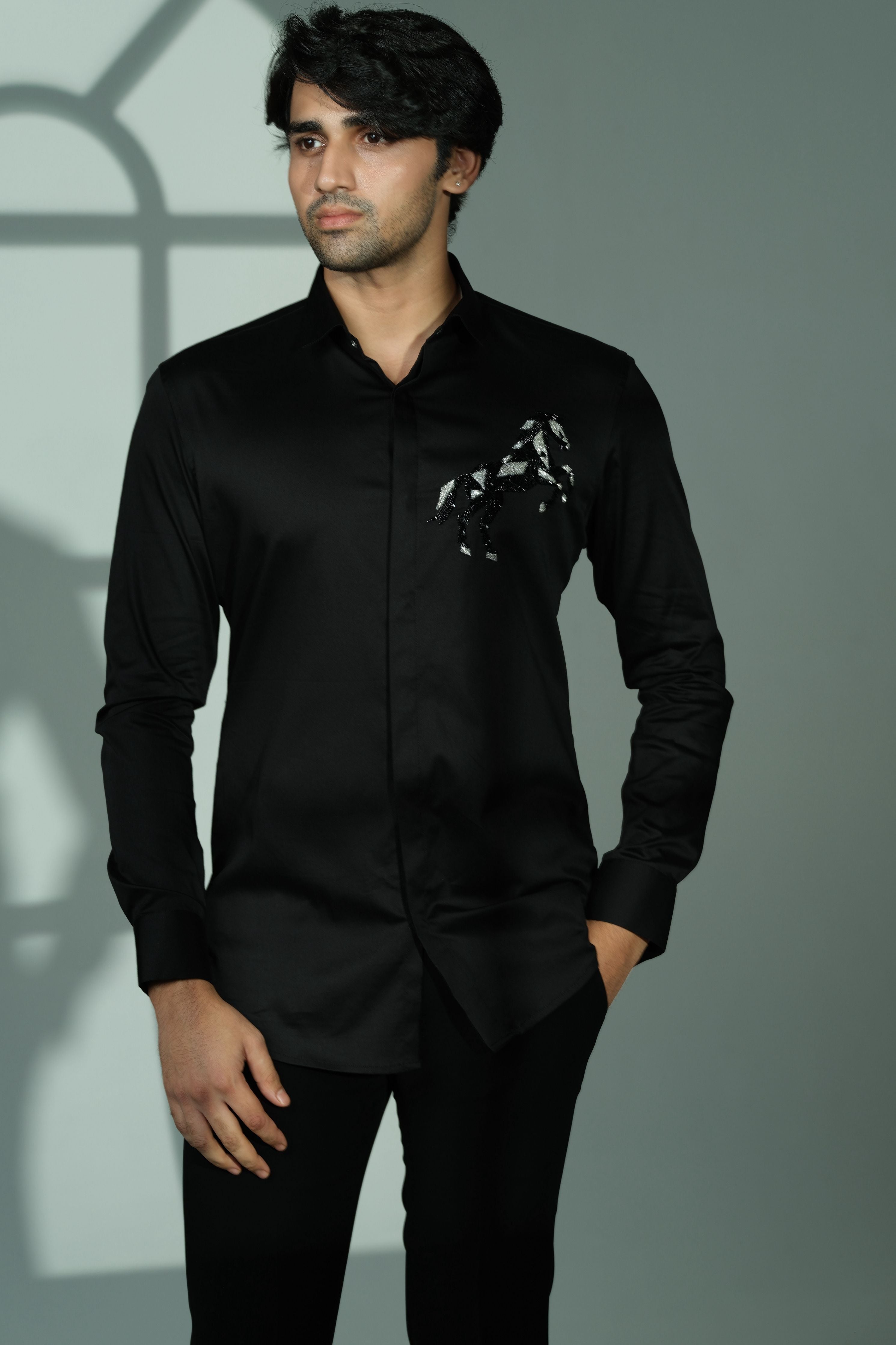 Black Shirt With 3D Horse On Pocket Square