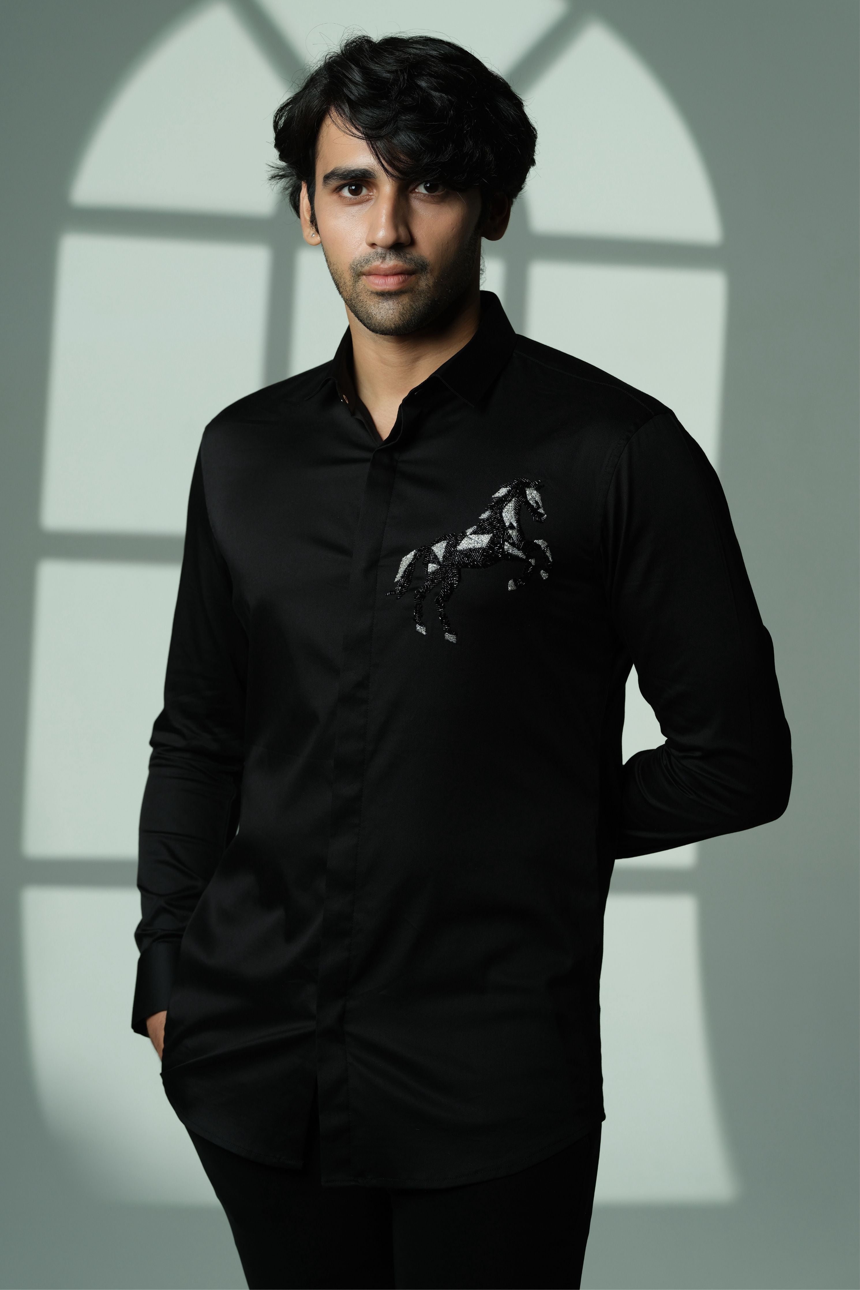 Black Shirt With 3D Horse On Pocket Square