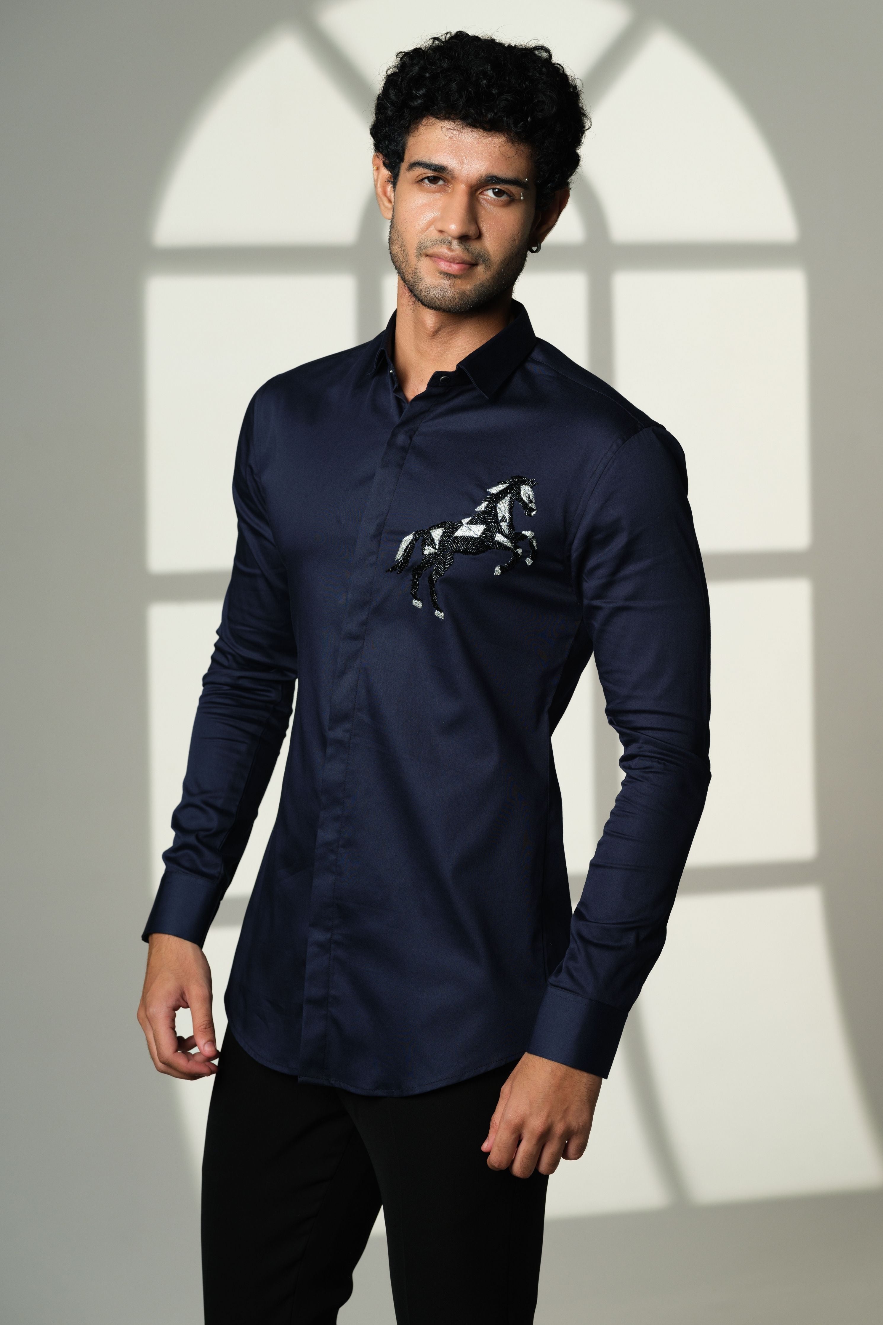 Navy Blue Shirt With 3D Horse On Pocket Square
