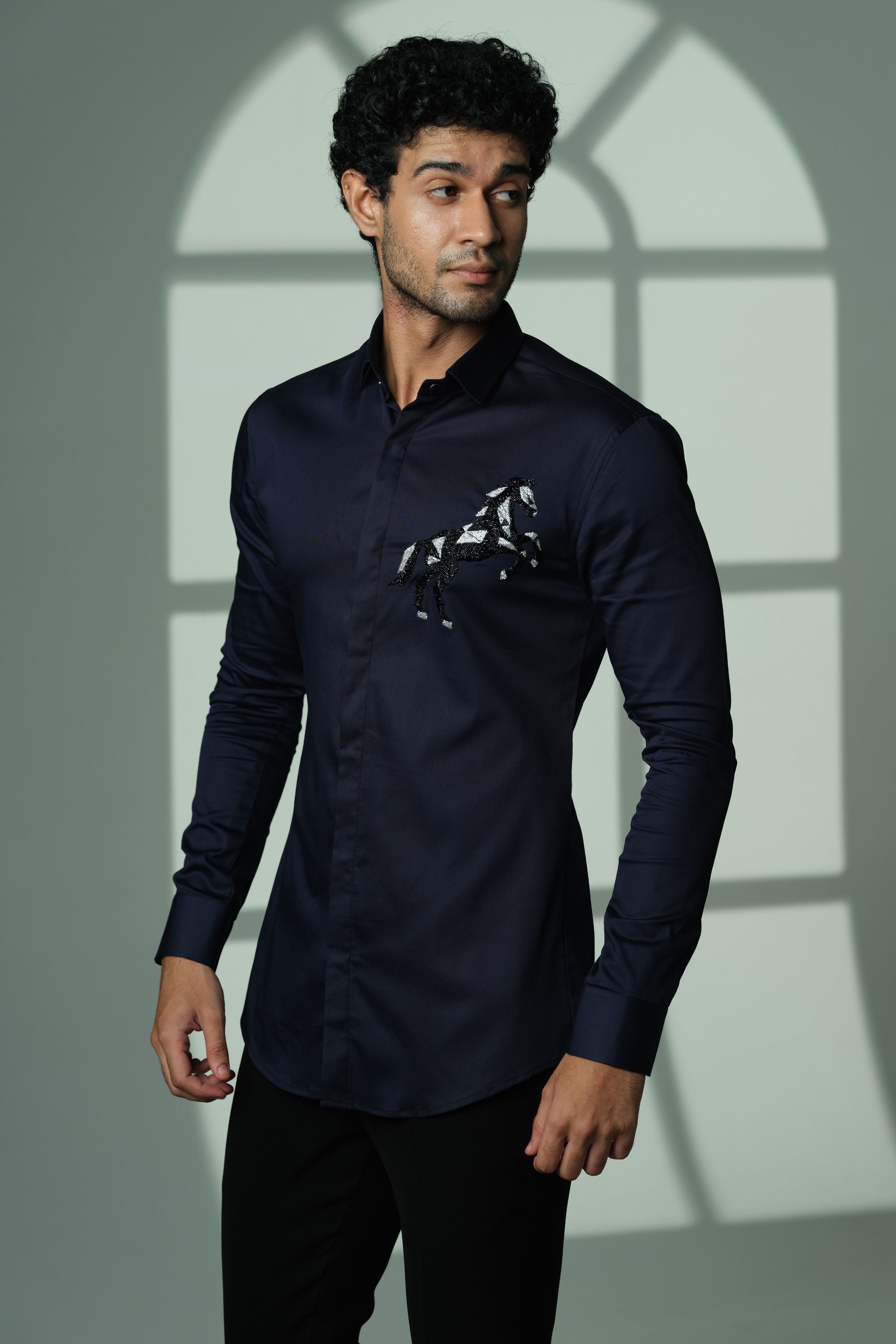 Navy Blue Shirt With 3D Horse On Pocket Square