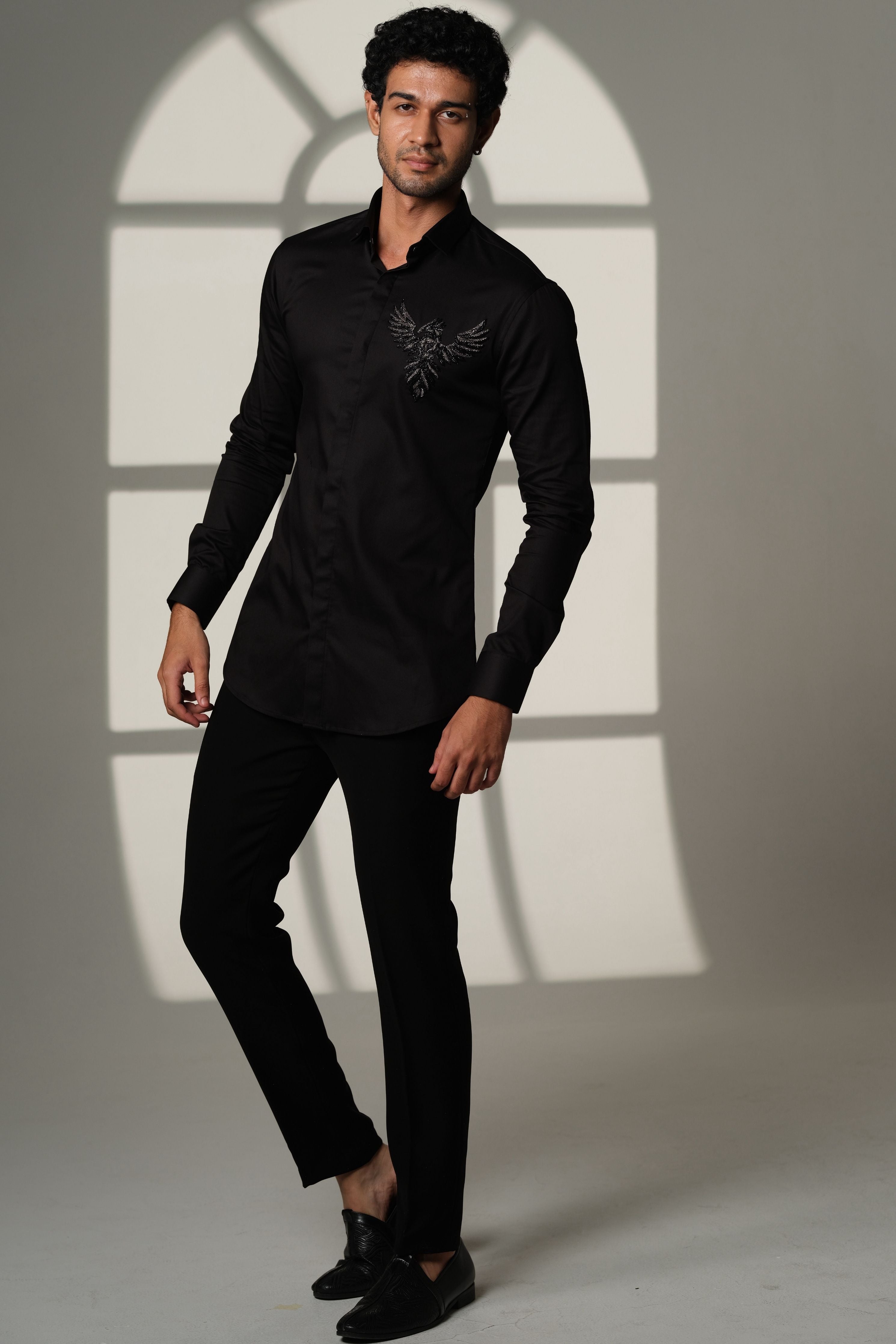 Black Shirt With 3D Phoenix On Pocket Square
