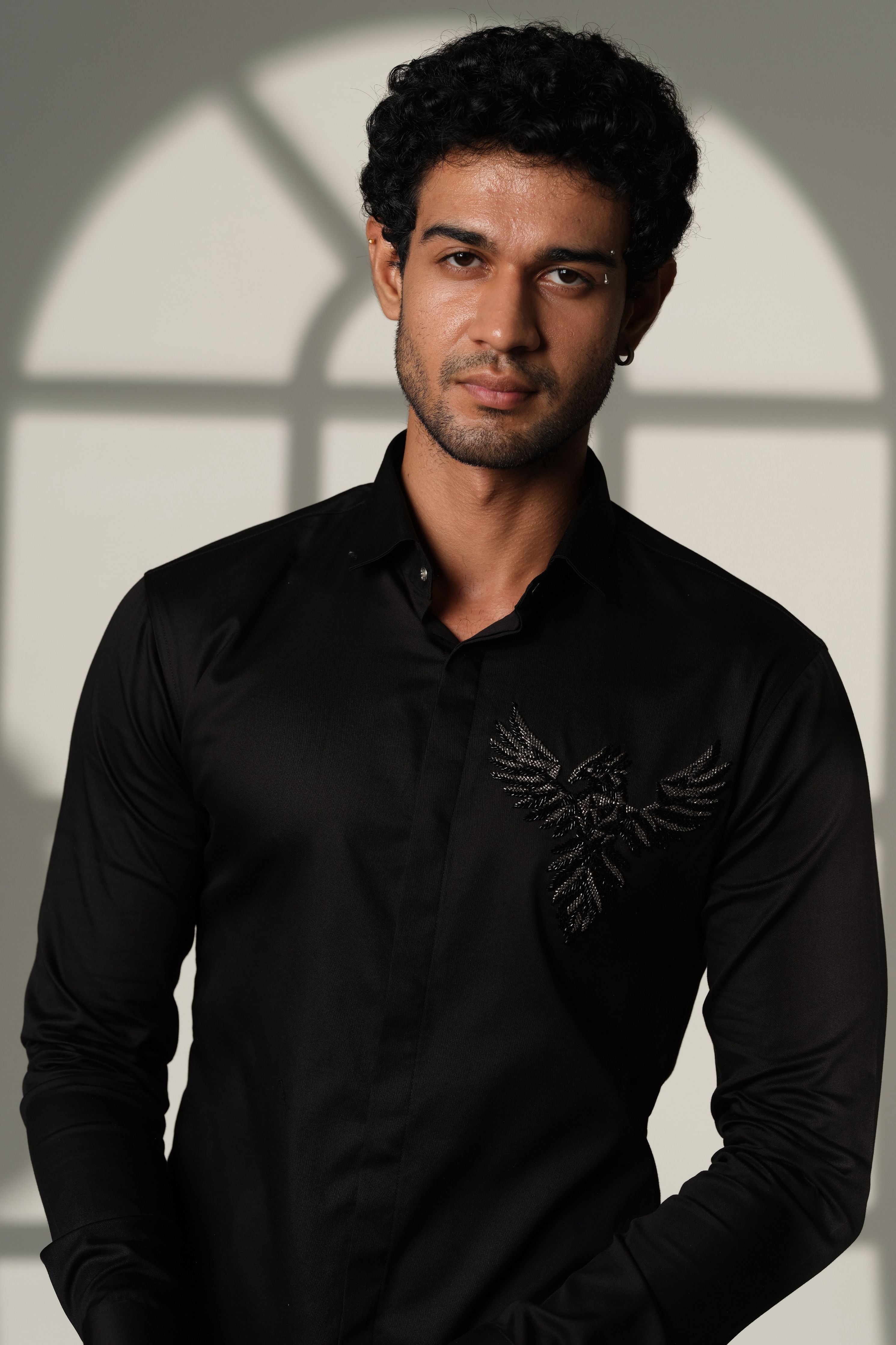Black Shirt With 3D Phoenix On Pocket Square