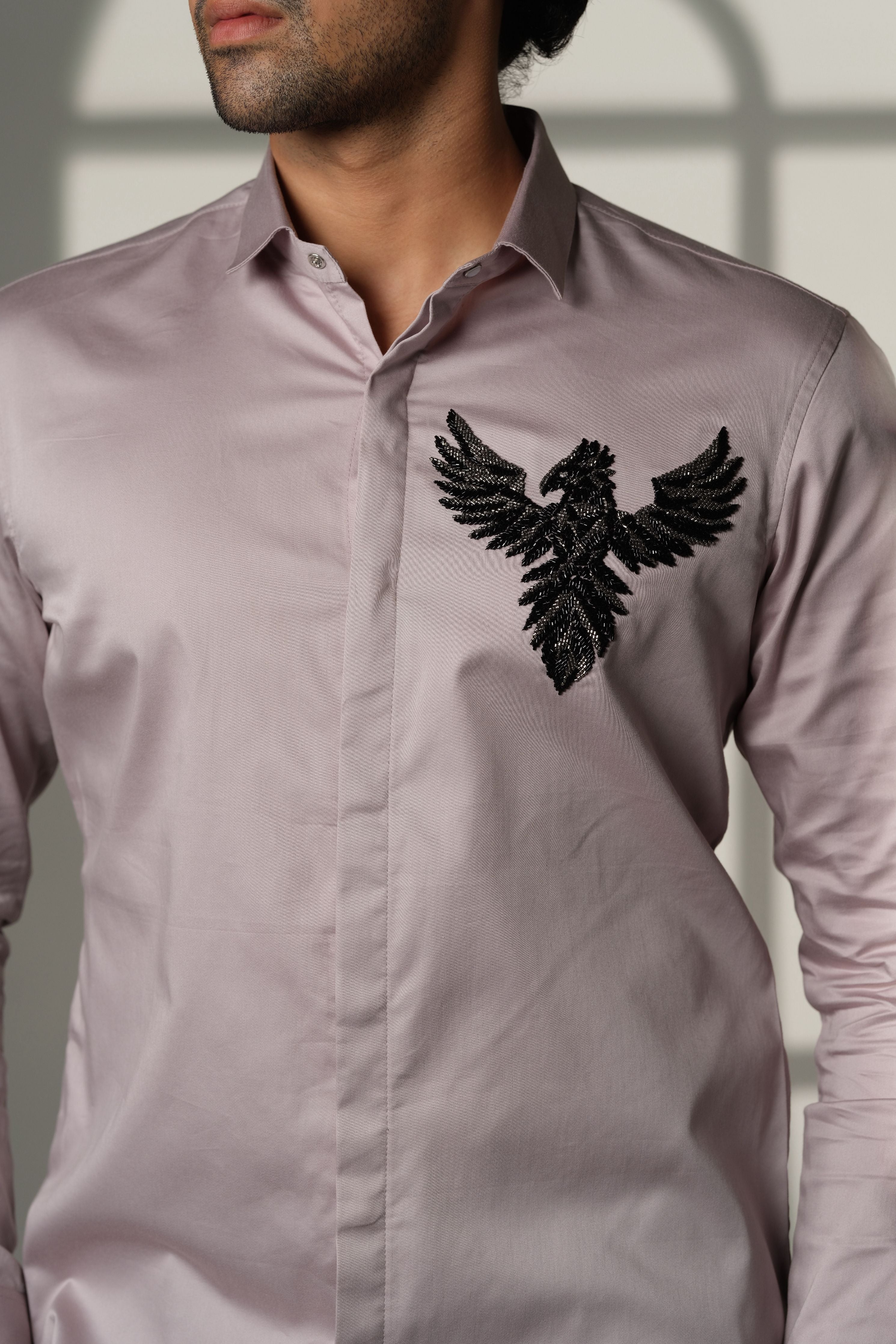 Grey Shirt With 3D Phoenix On Pocket Square