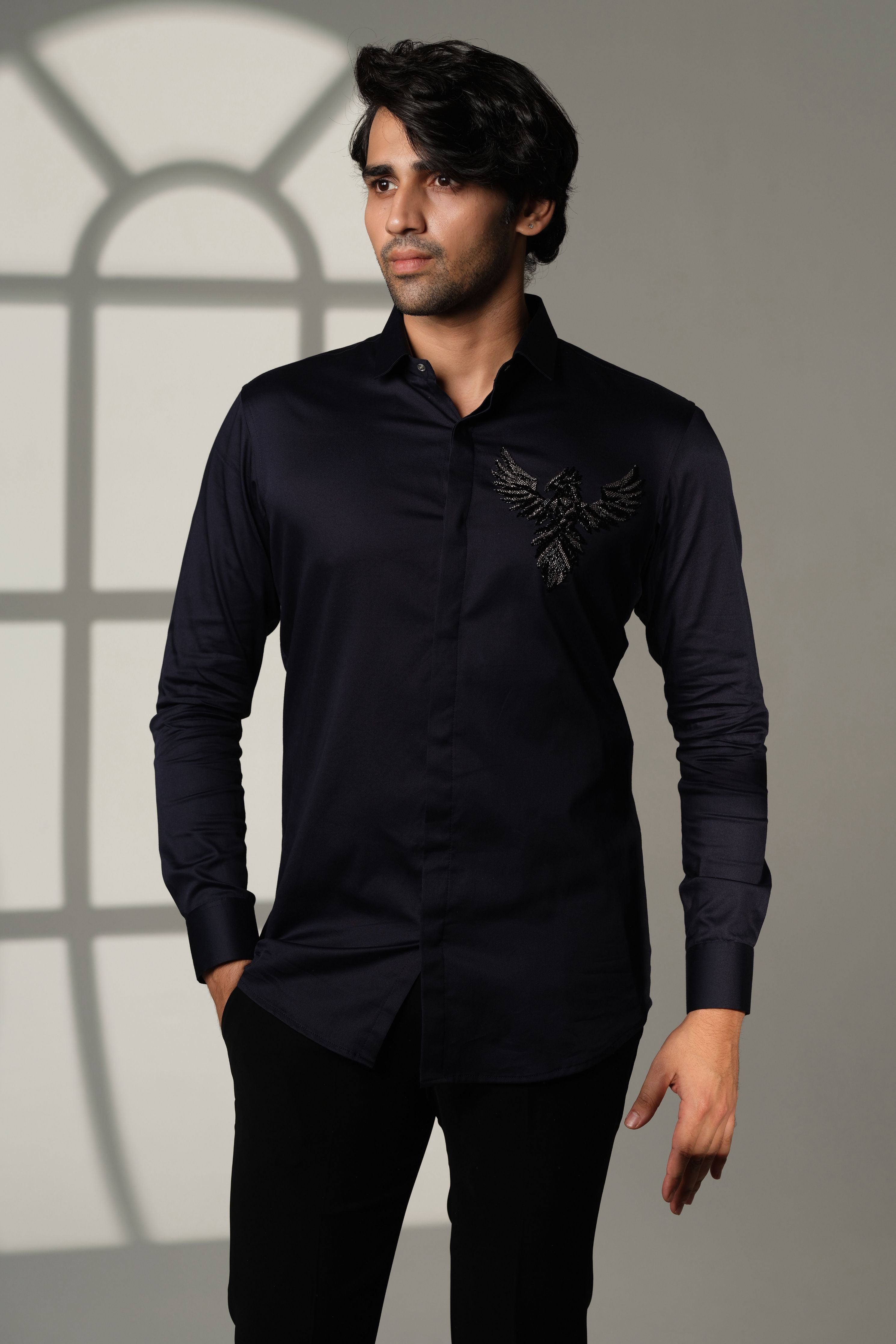 Navy Blue Shirt With 3D Phoenix On Pocket Square