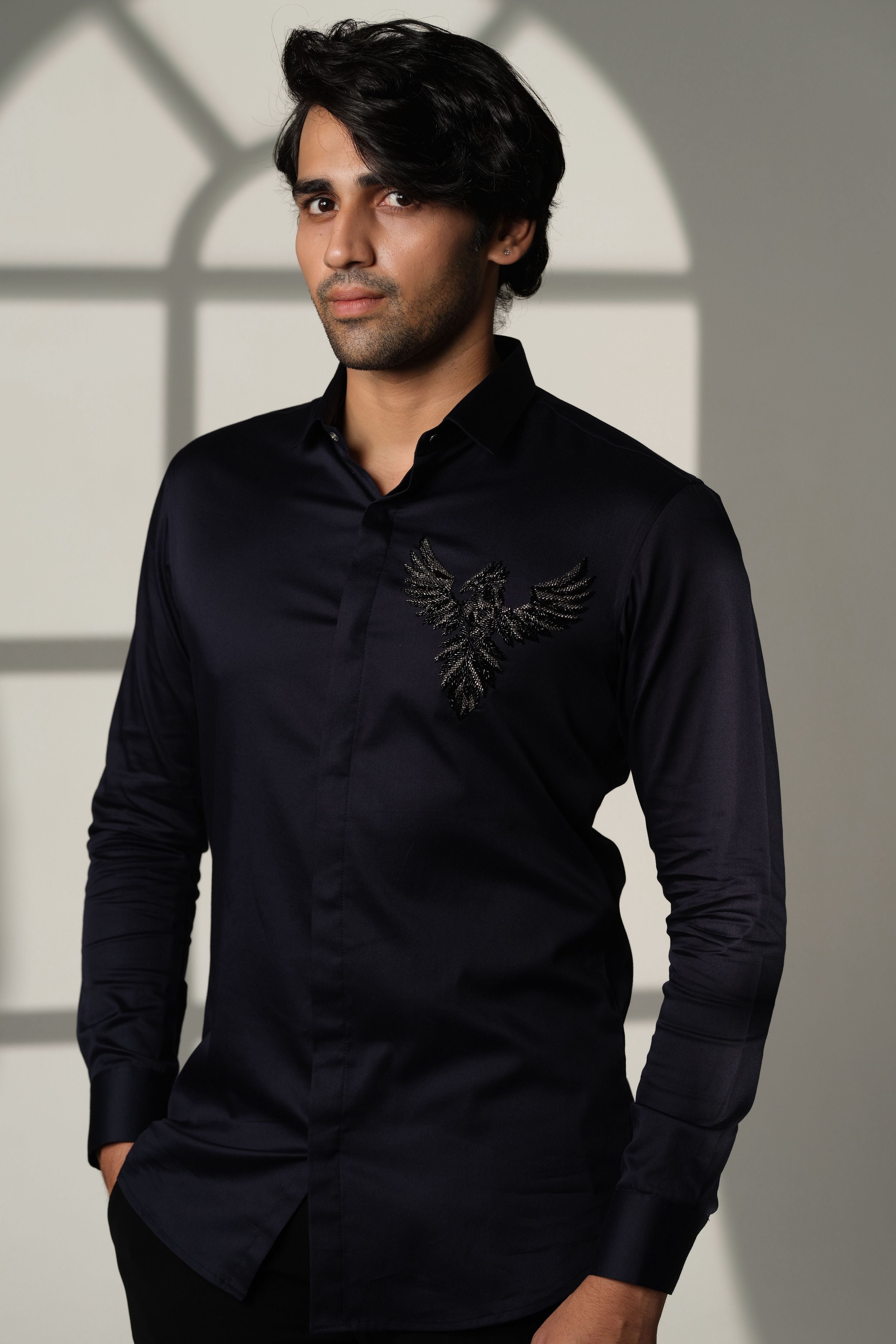 Navy Blue Shirt With 3D Phoenix On Pocket Square