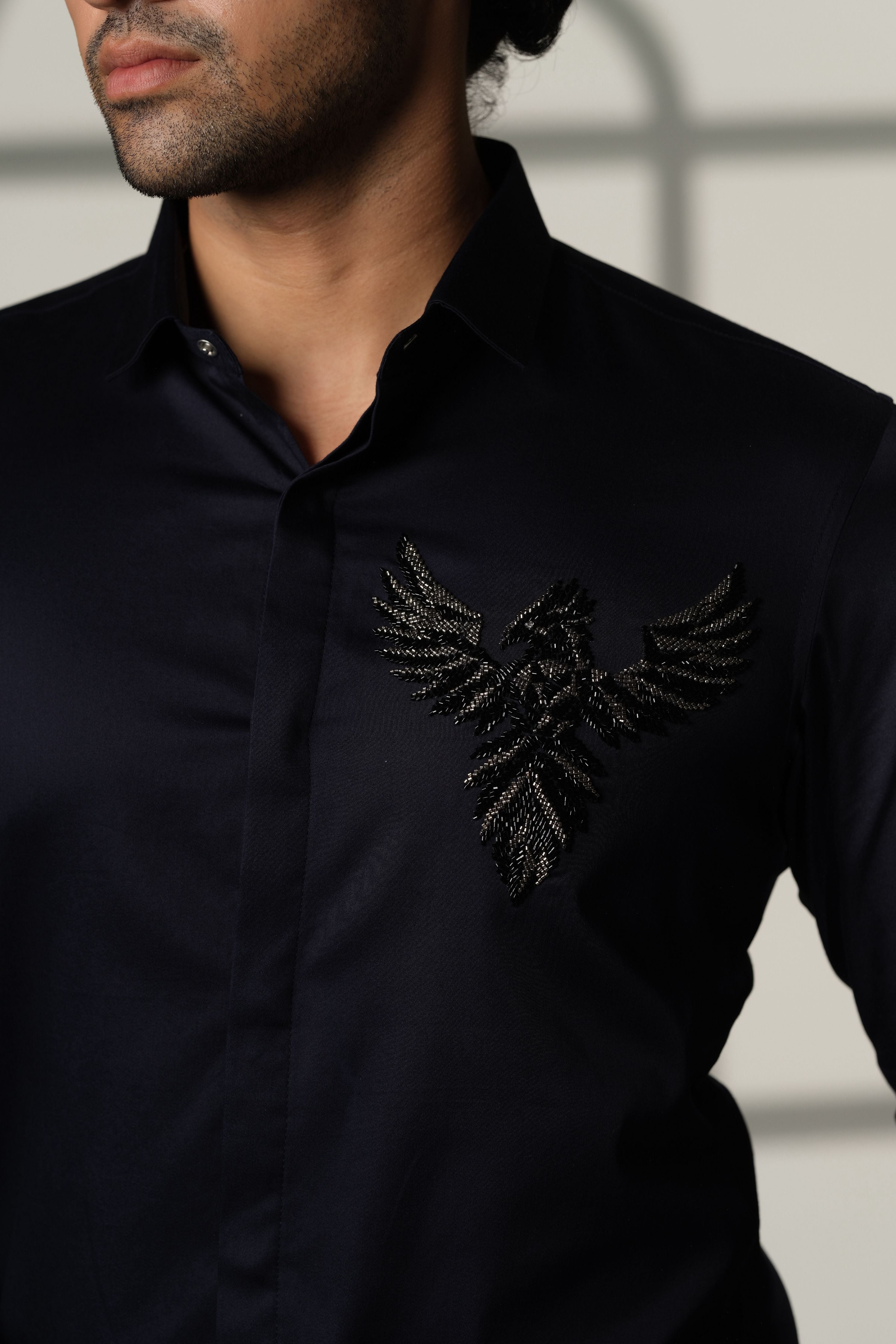 Navy Blue Shirt With 3D Phoenix On Pocket Square
