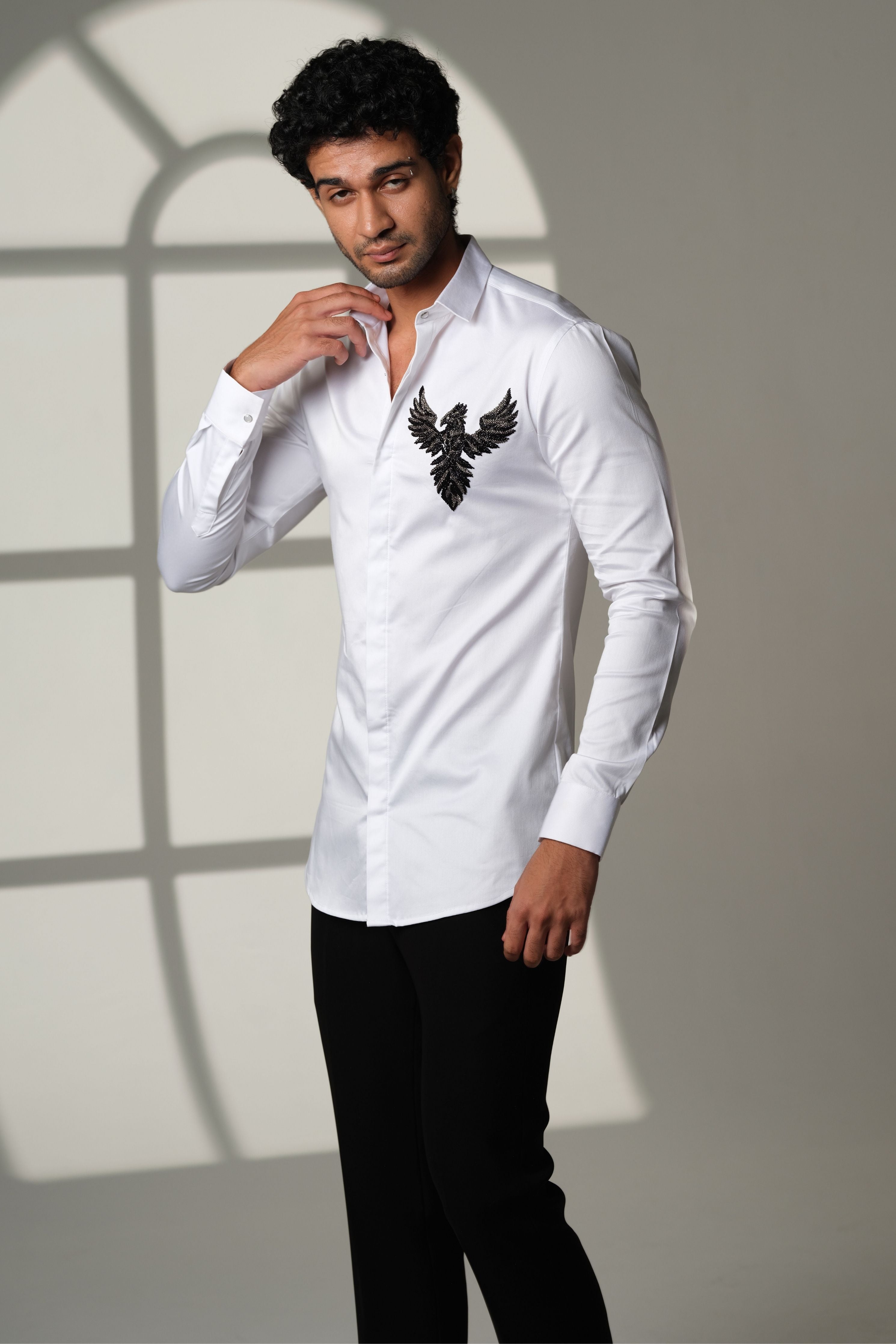 White Shirt With 3D Phoenix On Pocket Square