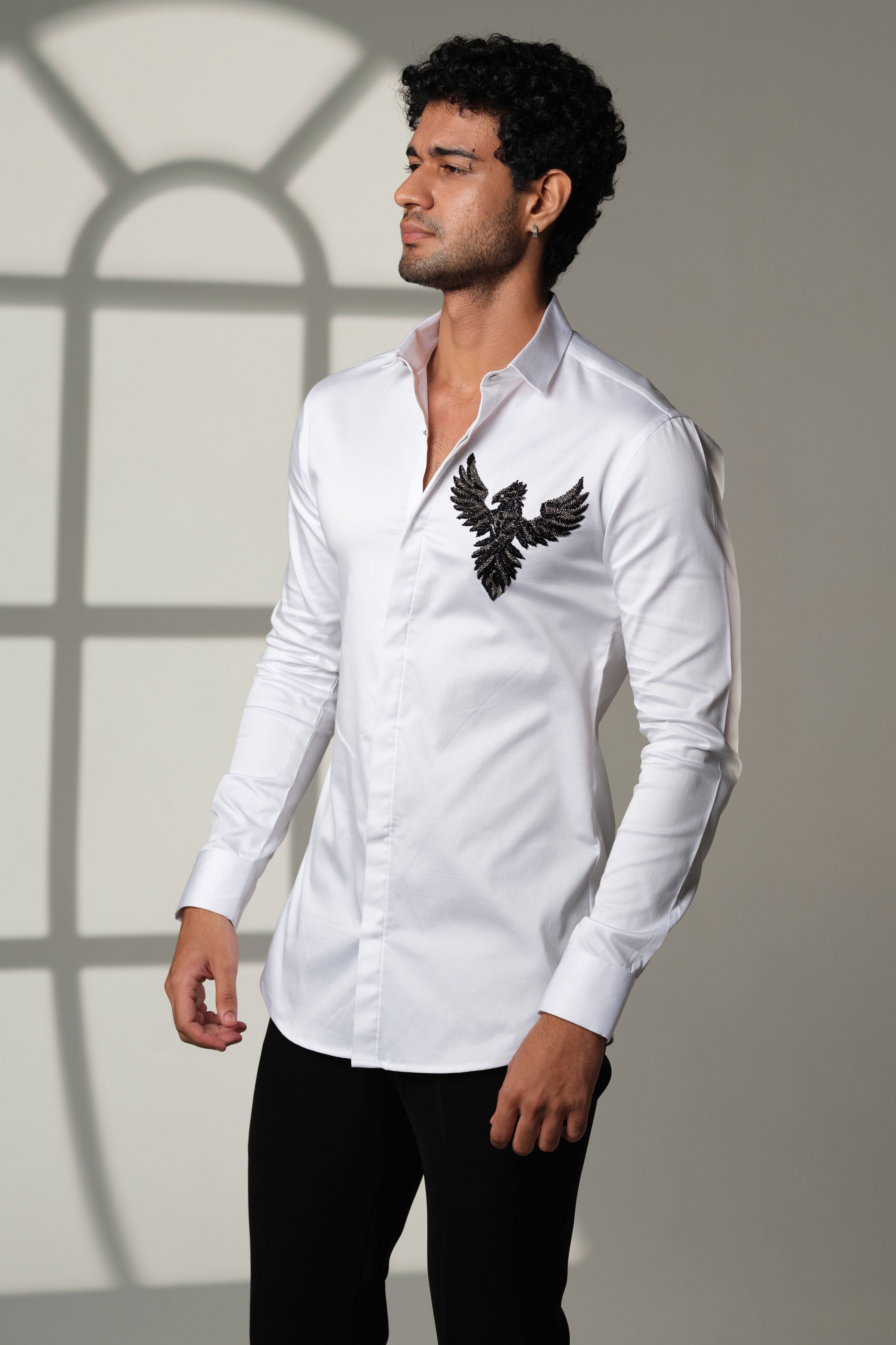 White Shirt With 3D Phoenix On Pocket Square