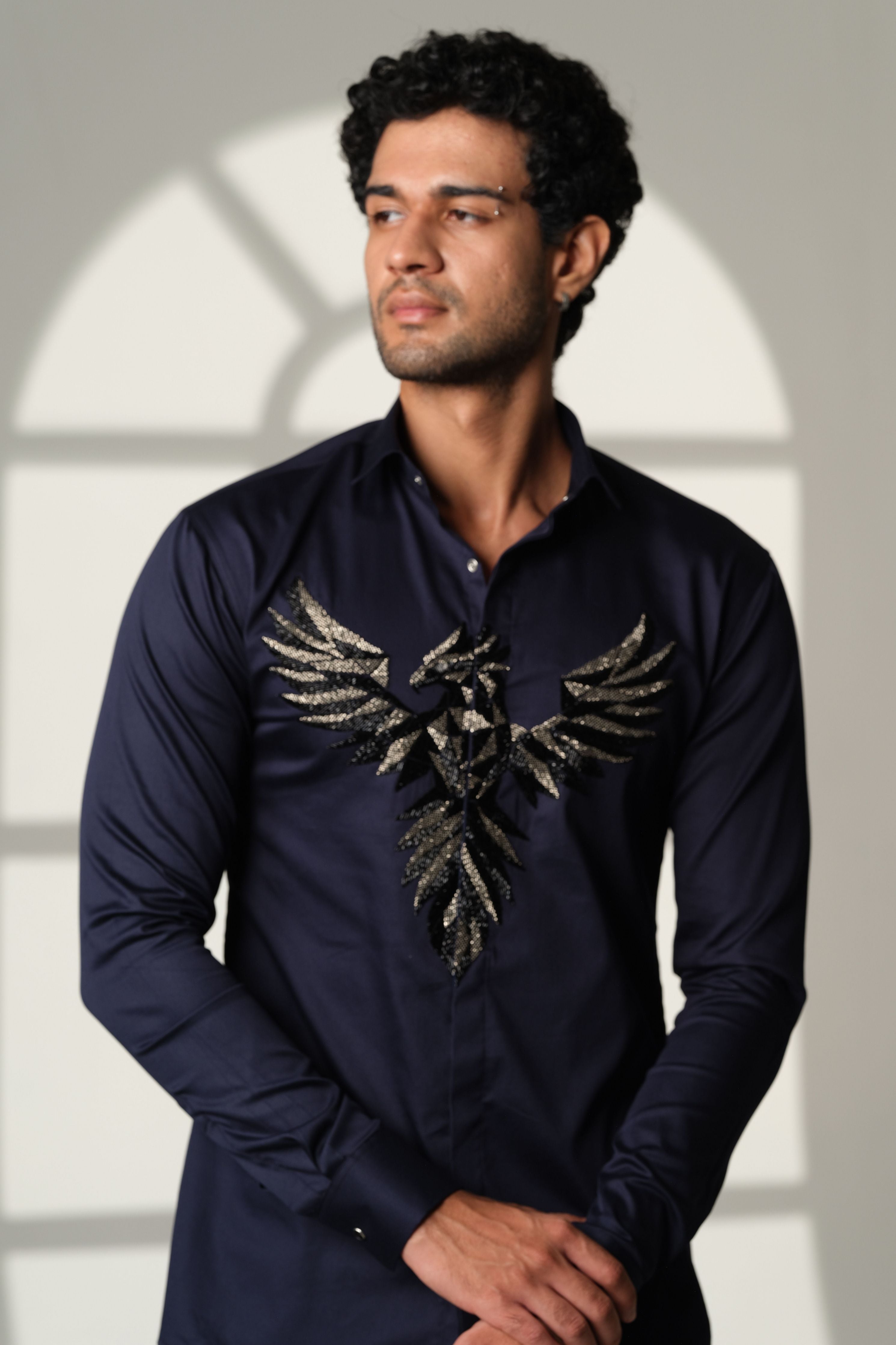 Navy Blue Shirt With 3D Pheonix On Center