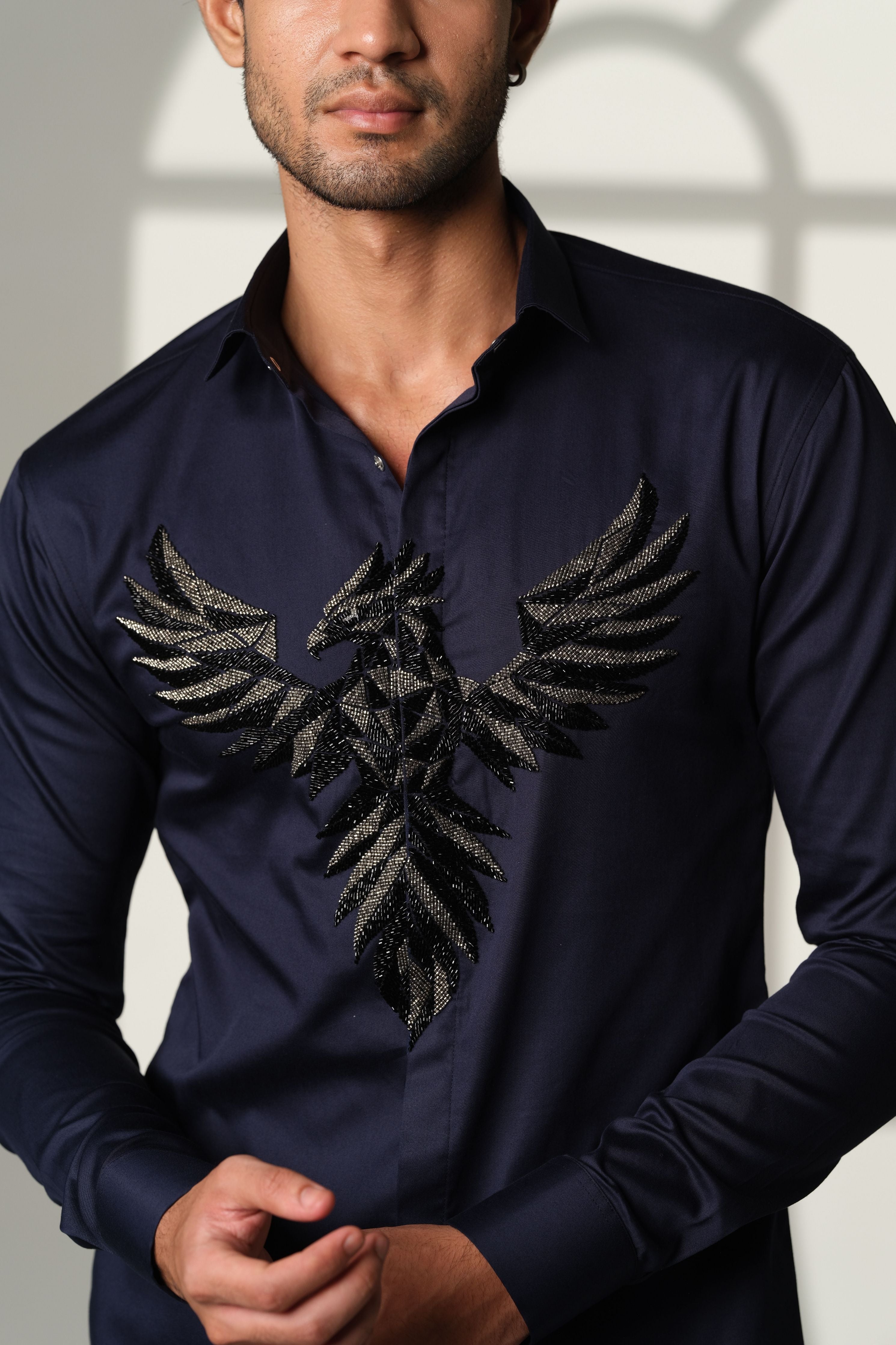 Navy Blue Shirt With 3D Pheonix On Center