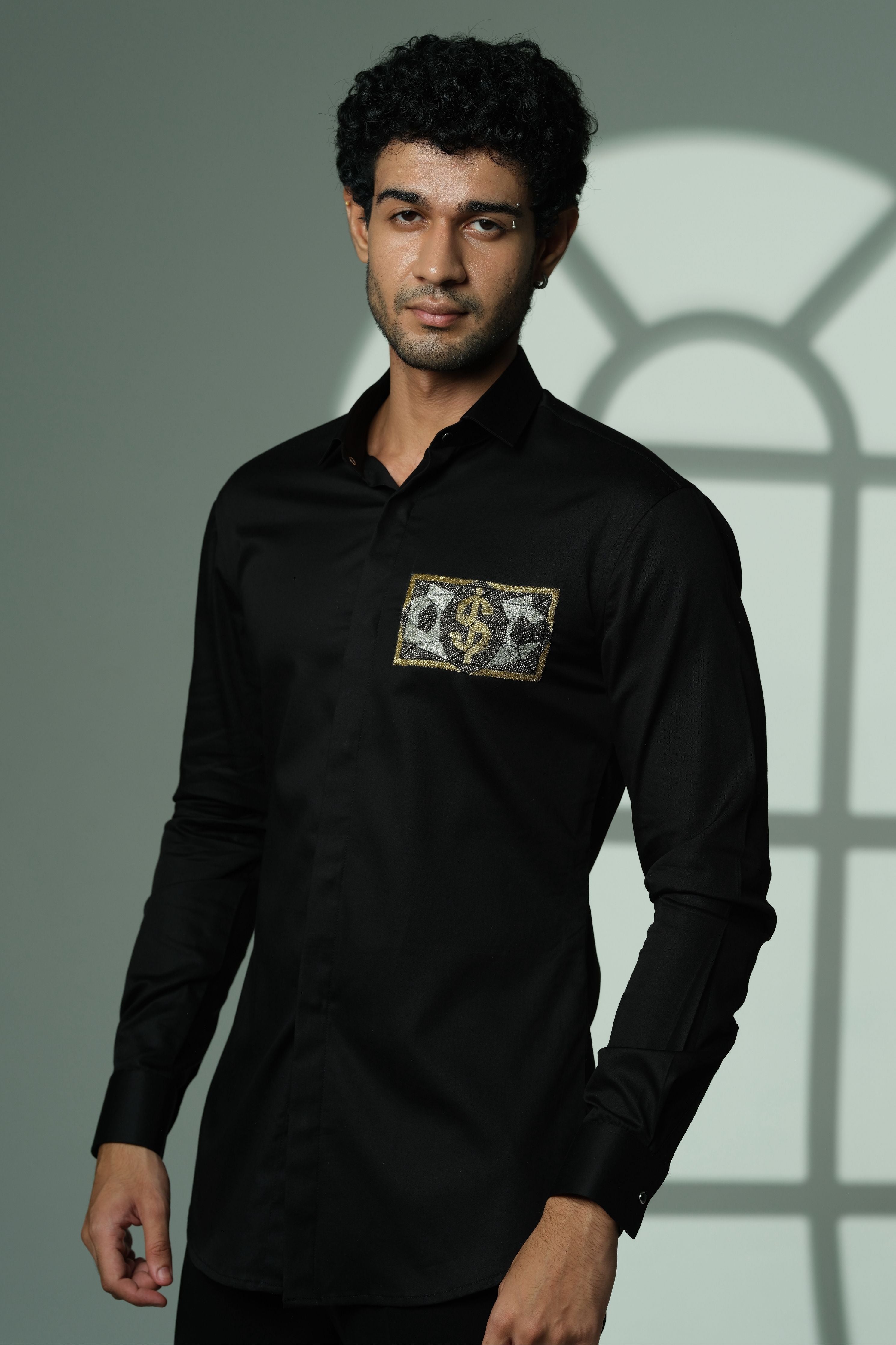 Black Shirt With Dollar On Pocket Square
